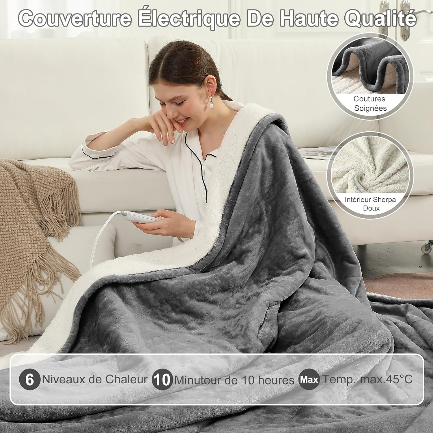Detalle 2 de COZYTY Couverture chauffante électrique 130×180 cm en flanelle grise (6 réglages, minuterie 10 h)