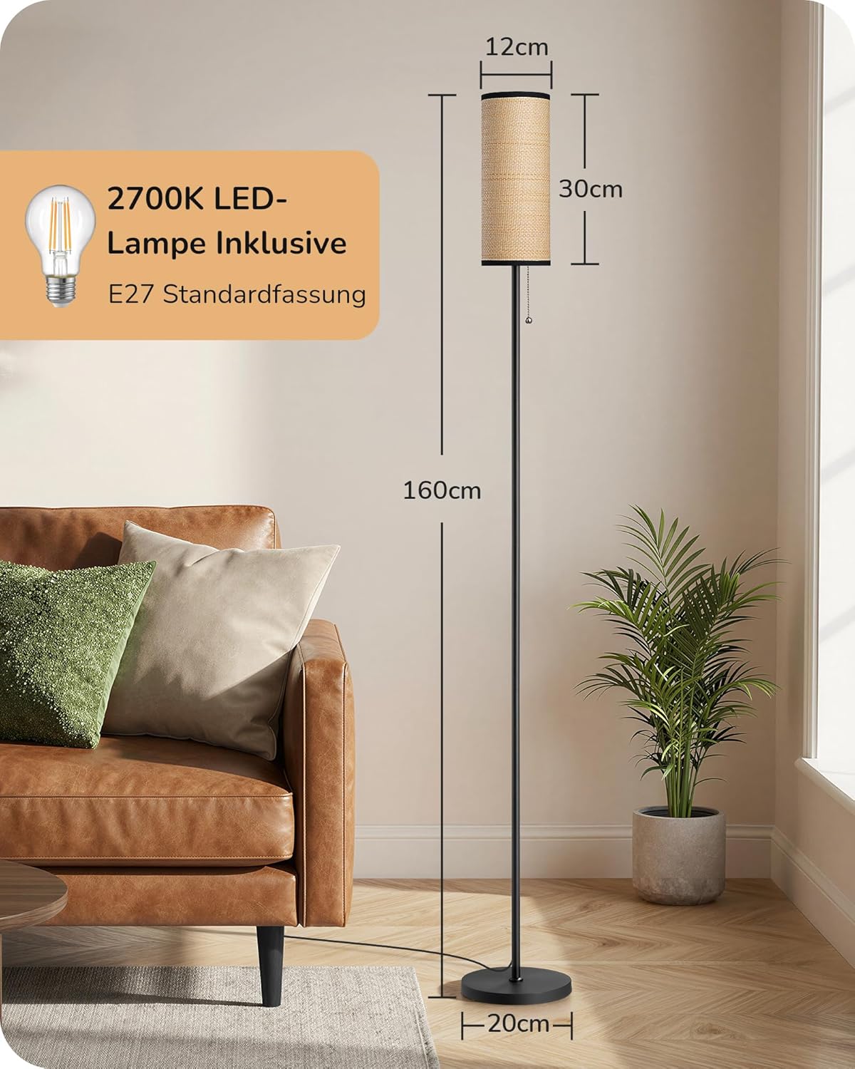 Detalle de EDISHINE Stehlampe Wohnzimmer – Moderne Stehleuchte mit Schwarz Glasfaser-Schirm & Marmorsockel, E27, 6W LED, 2700K