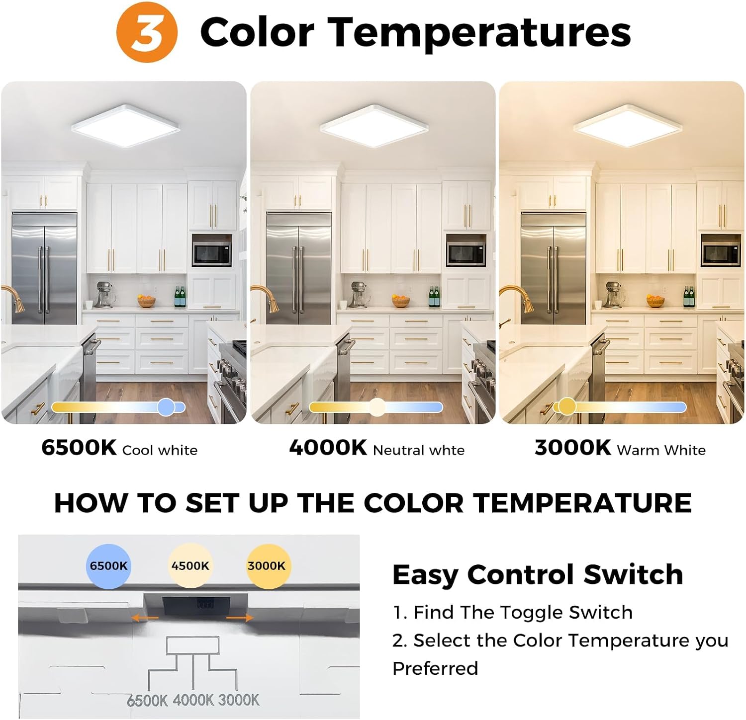 Detalle de slochi 2Pack LED Ceiling Light (IP54) 3 colour temperatures 3000K/4000K/6500K, slim square bathroom & utility light