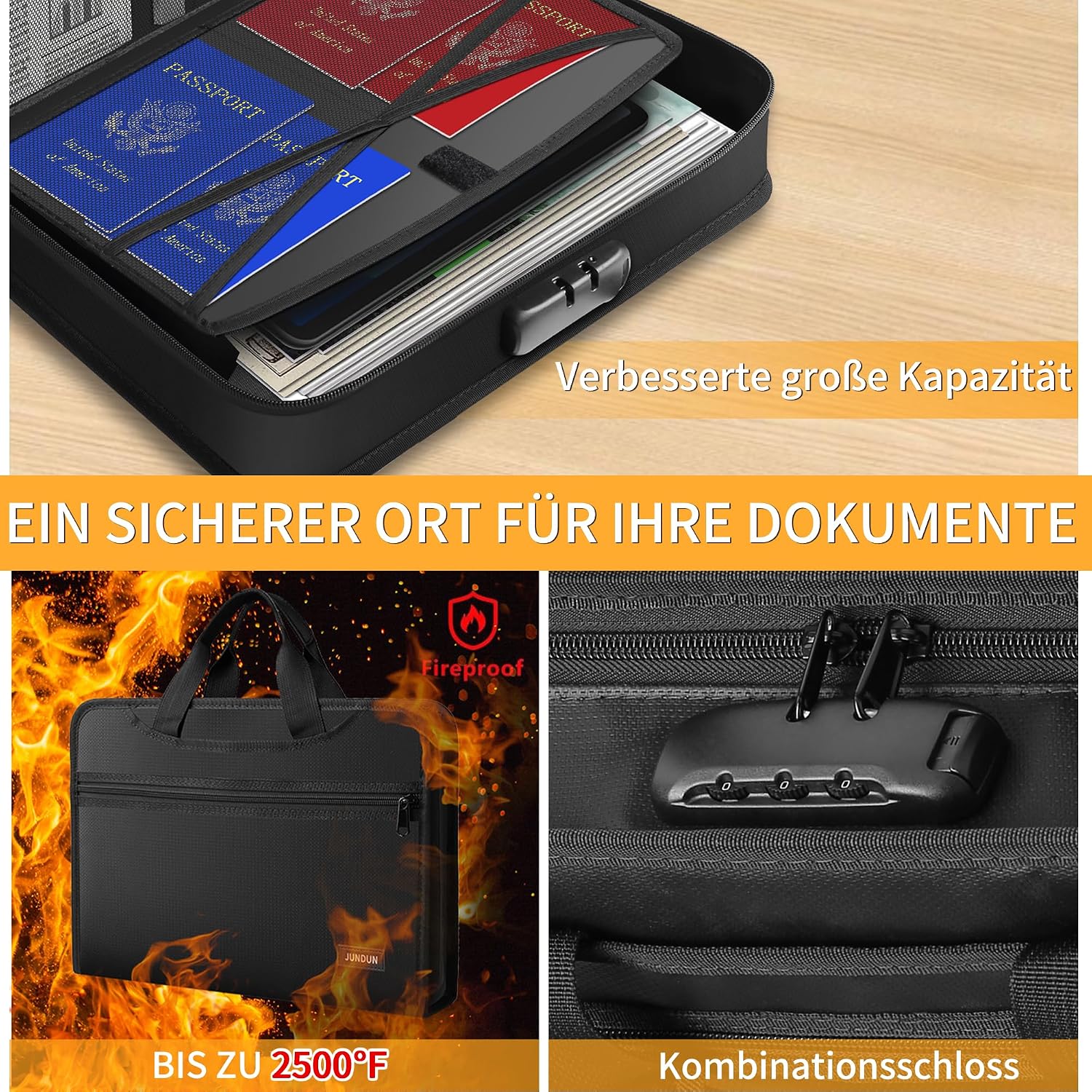 Thumbnail 3 de JUNDUN Feuerfeste Dokumententasche 13 Fächer