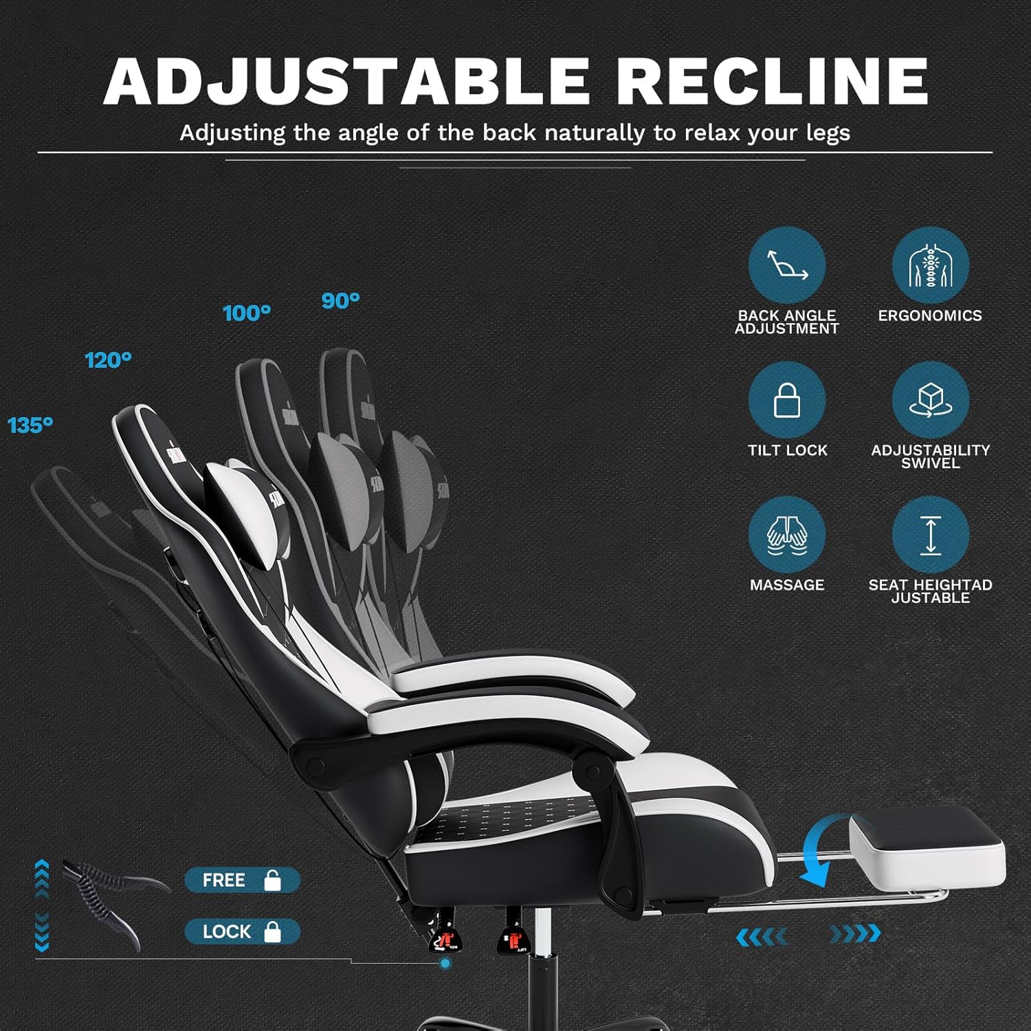 Detalle 2 de SUKIDA Ergonomic Gaming Chair with Footrest and Massage Lumbar Support