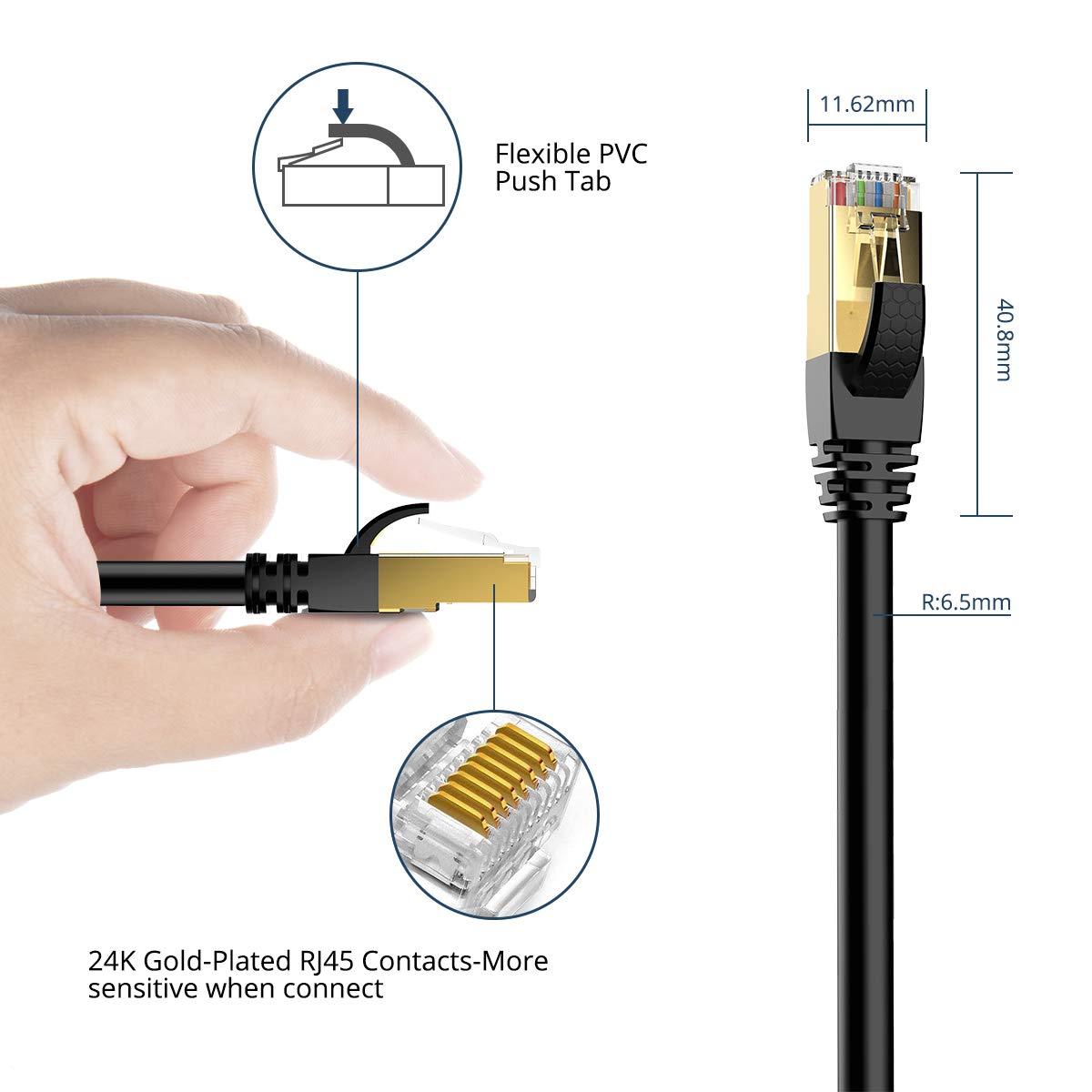 Detalle de Veetop CAT8 Ethernet Cable 3m/10ft – 40Gbps, 2000MHz, SFTP, RJ45 Gold Plated (2 Pack)