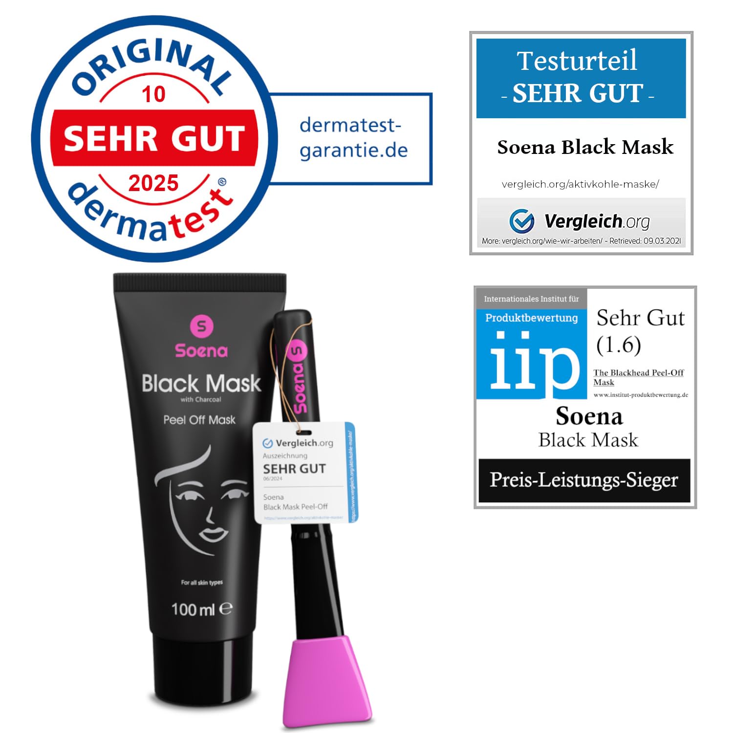Detalle 2 de Das ORIGINAL - SOENA Black Mask + MASKENPINSEL XXL Tube 100 ml – Peel-Off Maske mit Aktivkohle gegen Mitesser