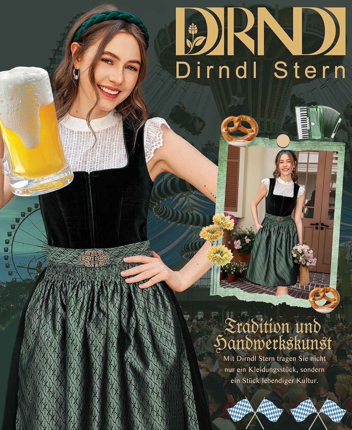 Thumbnail 1 de DIRNDLSTERN Damen Trachtenkleid Grün – Midi-Samt-Dirndl mit Schürze, perfektes Oktoberfest-Outfit