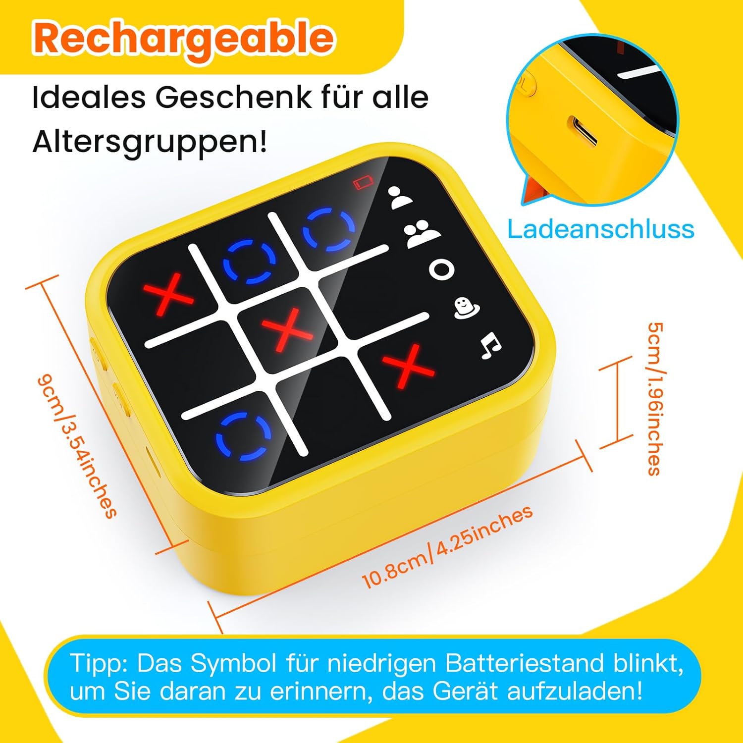 Detalle de Anoawens Wiederaufladbare Tic-Tac-Toe Spielbox (5-in-1) – Handheld Puzzle-Konsole für unterwegs, ab 3 Jahren, gelb