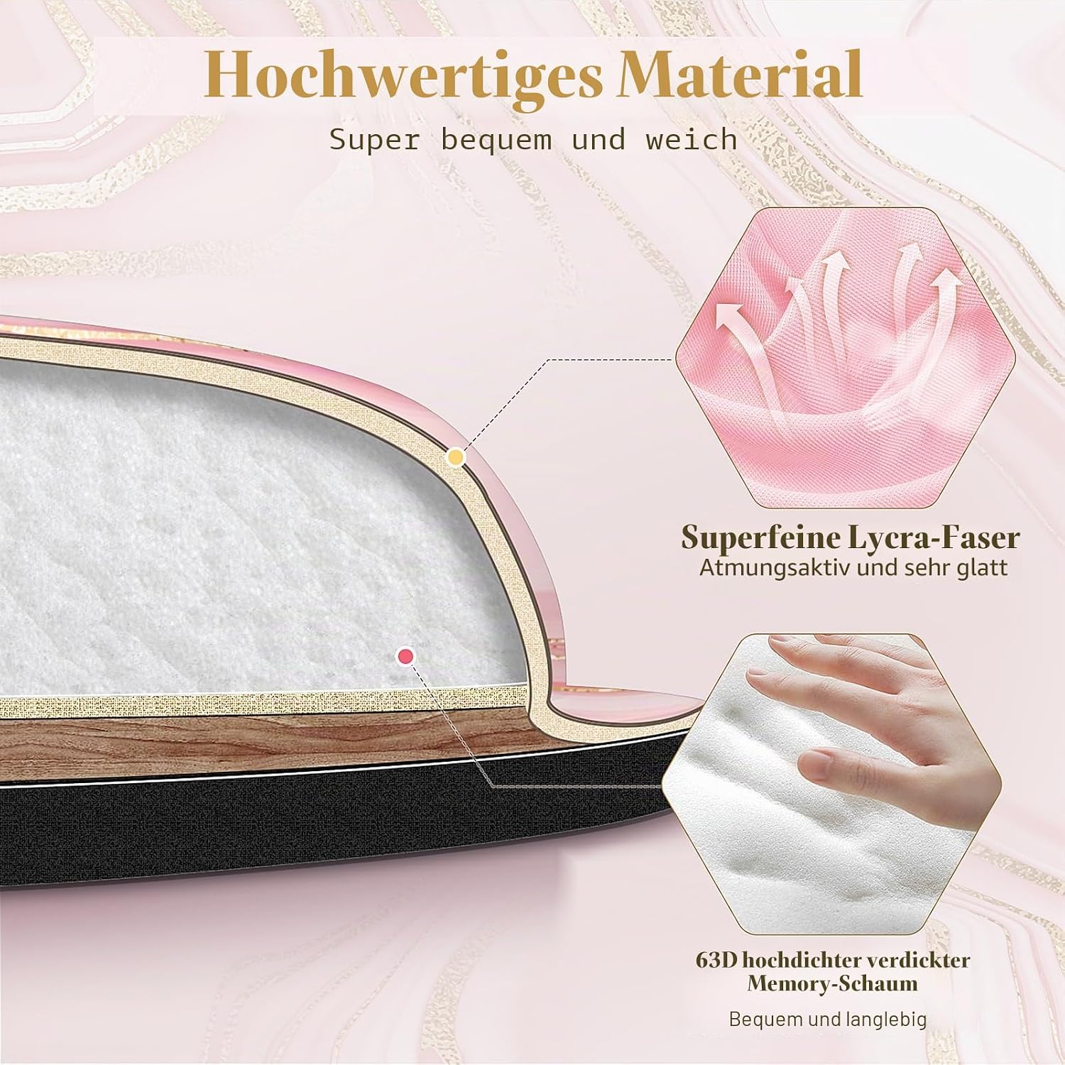 Detalle de Gimars Handballenauflage Tastatur – Ergonomische Tastatur- und Mausauflage mit Memory-Foam, 3 cm Dicke, rosa/gold