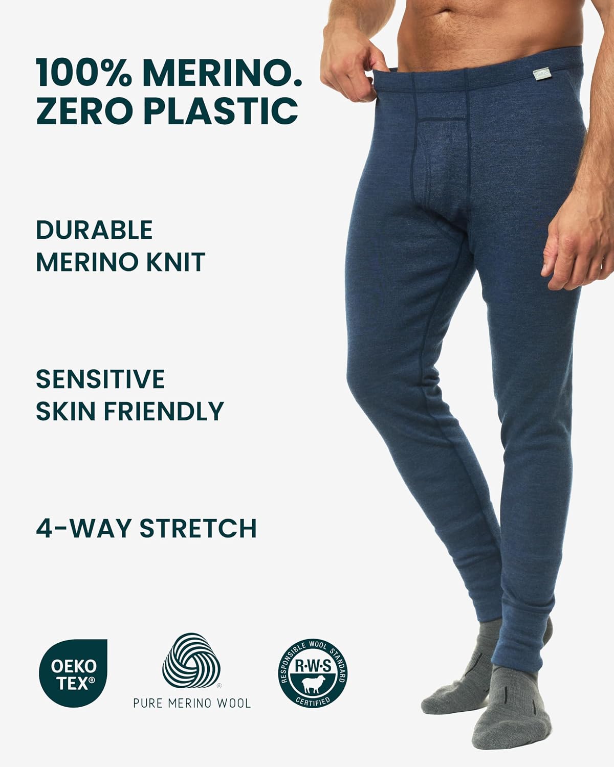 Detalle 2 de Merino.tech 100% Merino Wool Base Layer Pants, 17.5-Micron, 165–320 g/m²