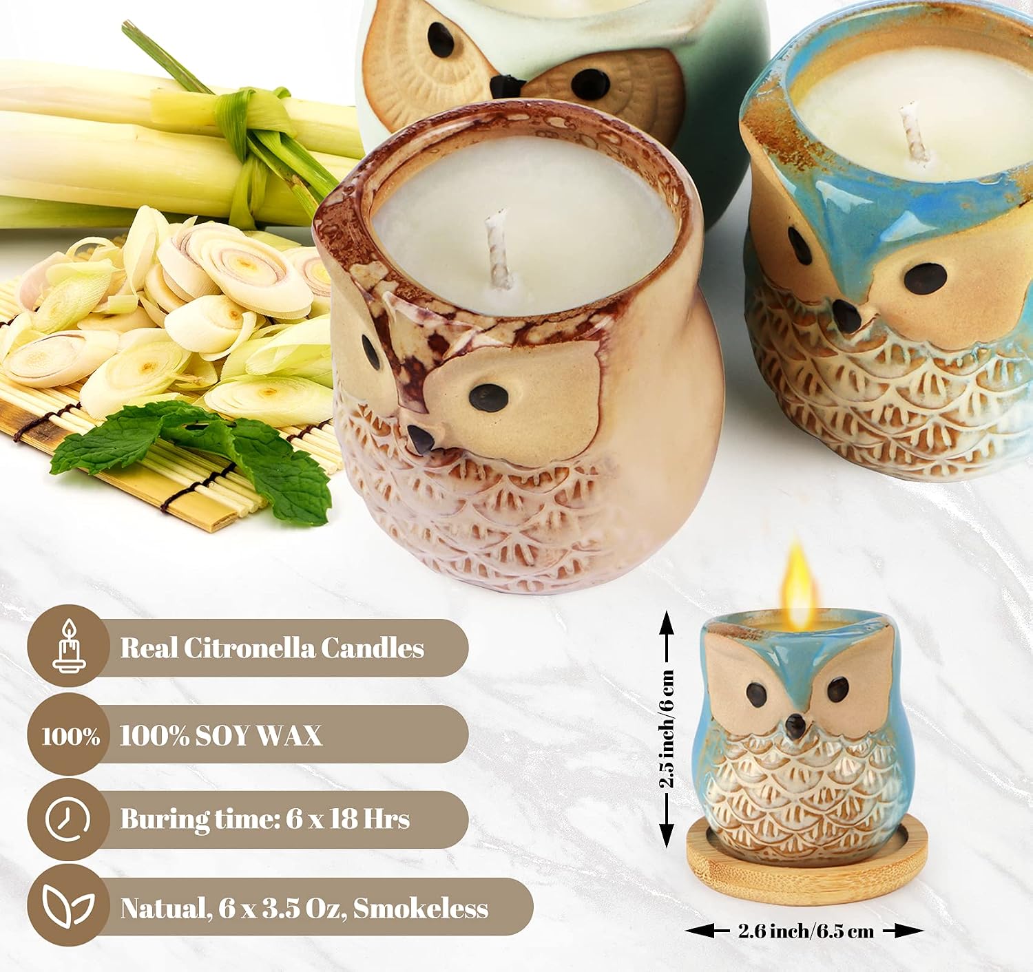Detalle de Kinforse Citronella Candles – Elegant Owl Design, 6-Pack for Outdoor & Indoor Use