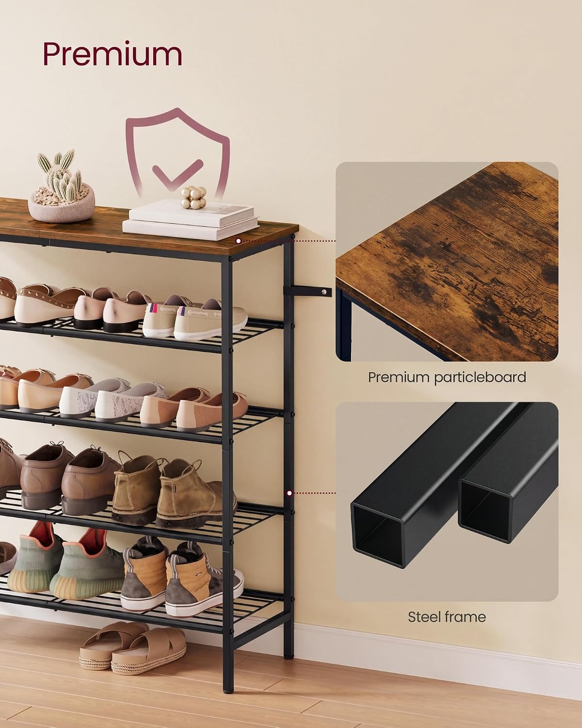 Detalle de VASAGLE BARNET LBS050KD01 5-tier shoe rack, metal frame, rustic brown