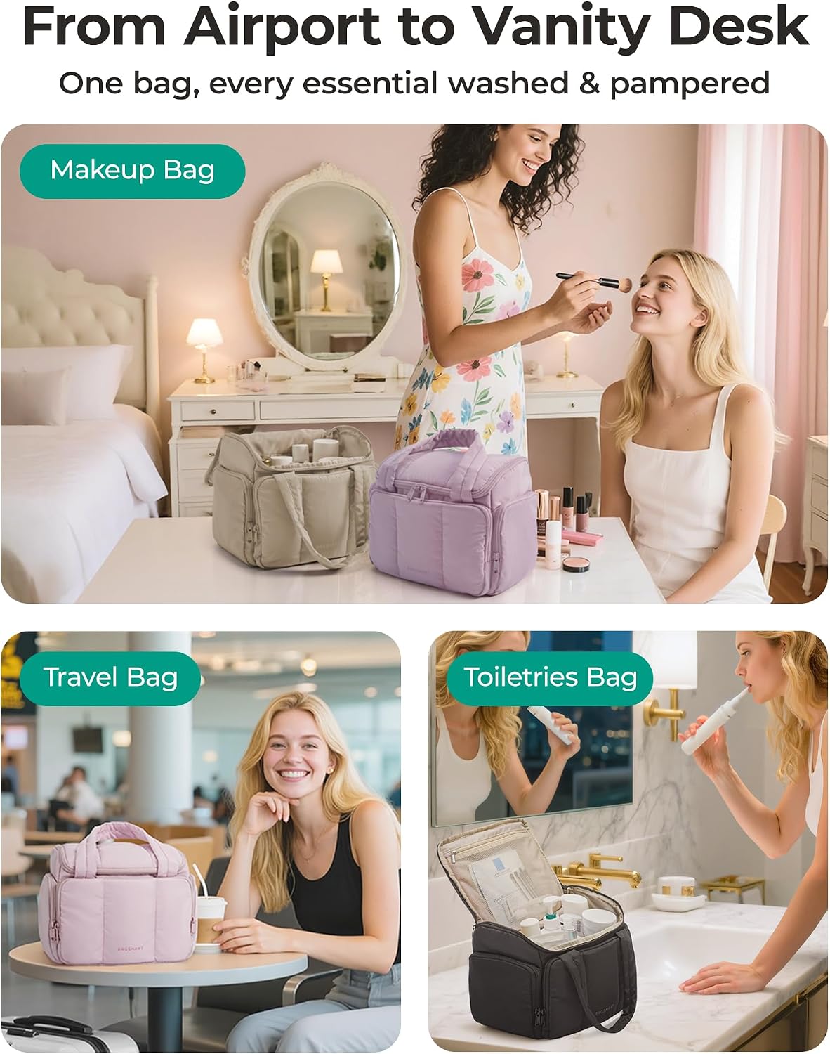 Detalle de BAGSMART Travel Toiletry Bag for Women in Dark Pink — Puffy Water-Resistant Organizer for Travel-Sized Essentials