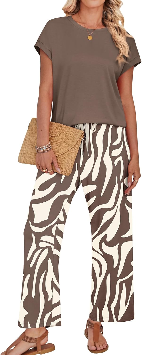 Thumbnail 3 de WIHOLL Women’s Two-Piece Lounge Set (Round Neck Cap Sleeve Top + Wide-Leg Pants)
