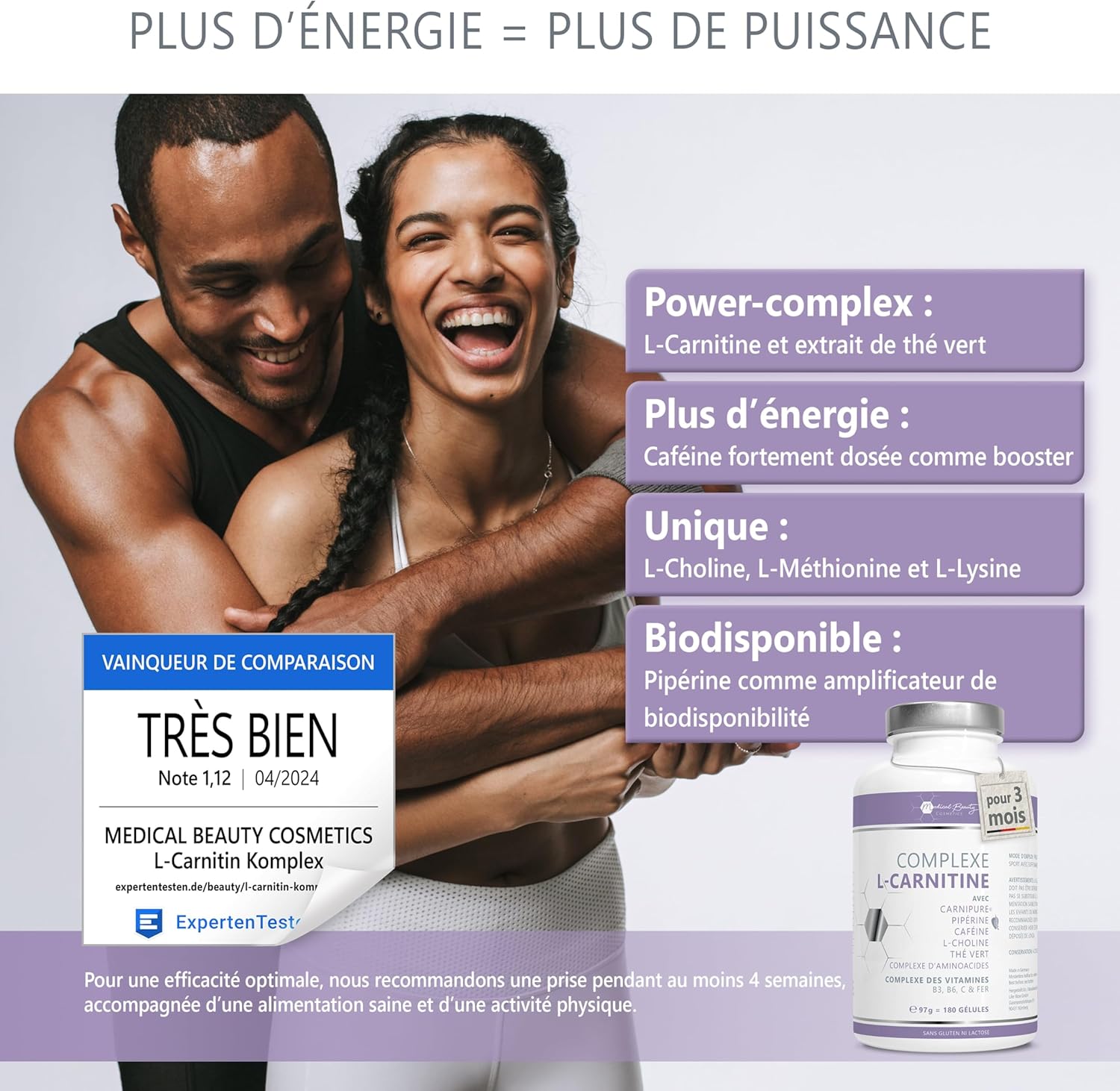 Detalle de Complexe de L-Carnitine Carnipure® – 180 capsules vegan hautes doses avec thé vert, caféine, choline et pipérine