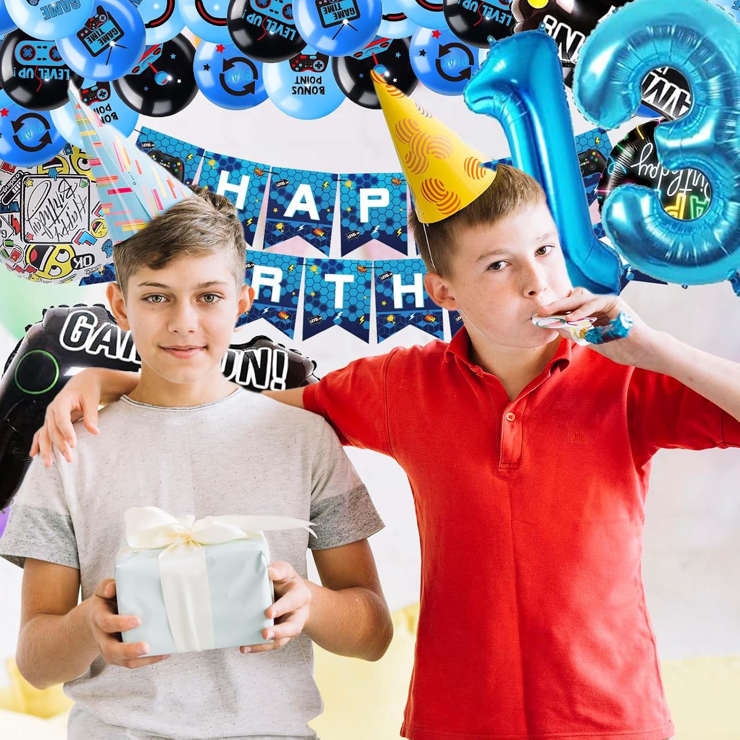 Thumbnail 6 de Betensh 13. Geburtstag Junge Videospiel Tortendeko-Set – Blaue Ballons, Gamepad-Motiv und 13er Zahl