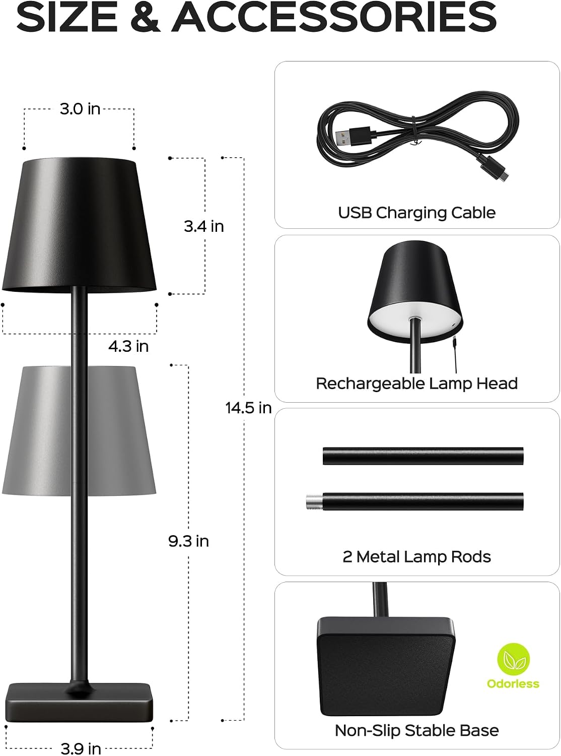 Detalle 2 de FIONSUN TL002-GD2P-FNCA Cordless LED Table Lamp, Touch Dimming, Black