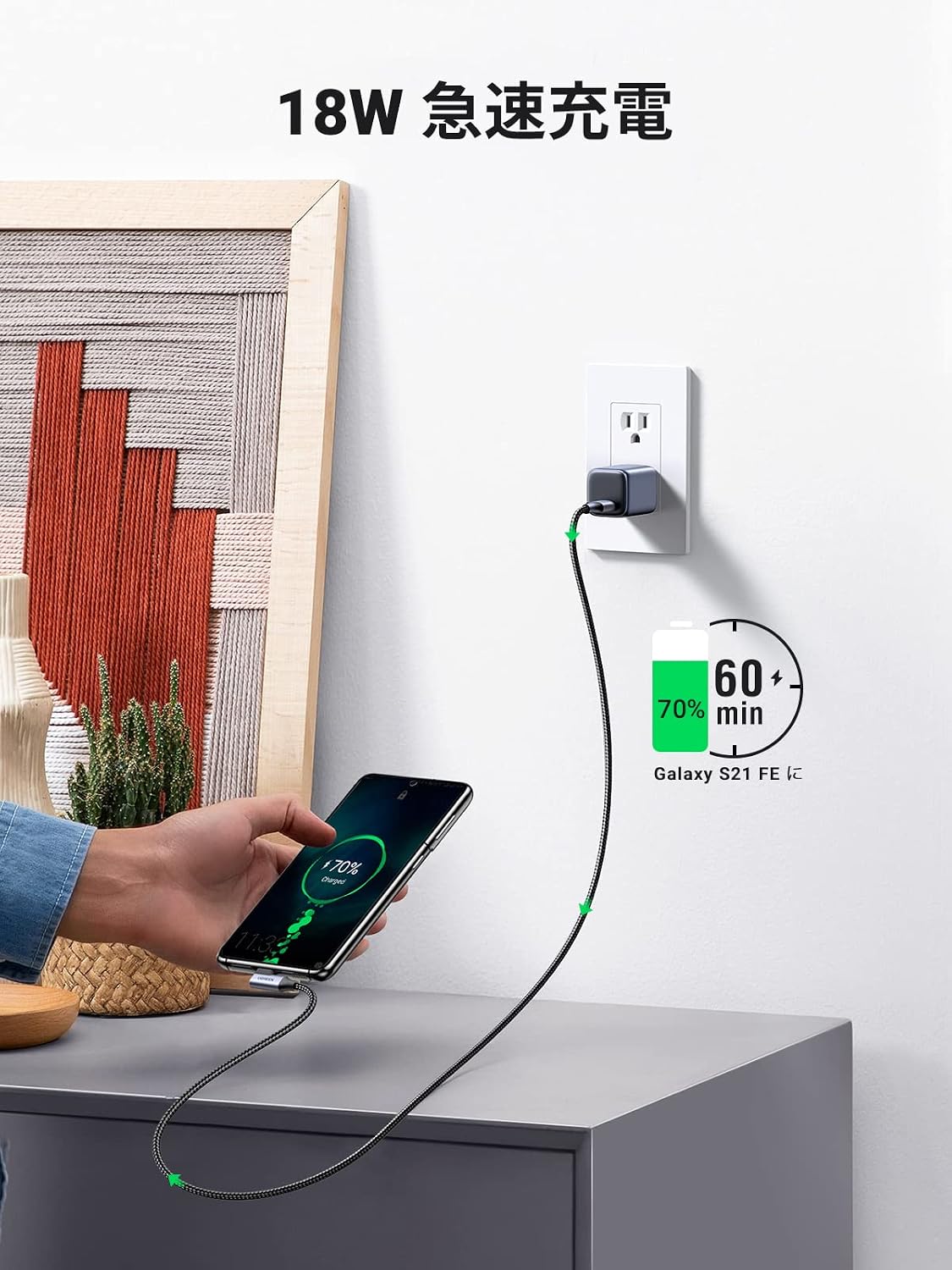 Thumbnail 2 de UGREEN USB Type-Cケーブル 0.5m 2本セット、L字型端子・3A急速充電・5Gbps転送