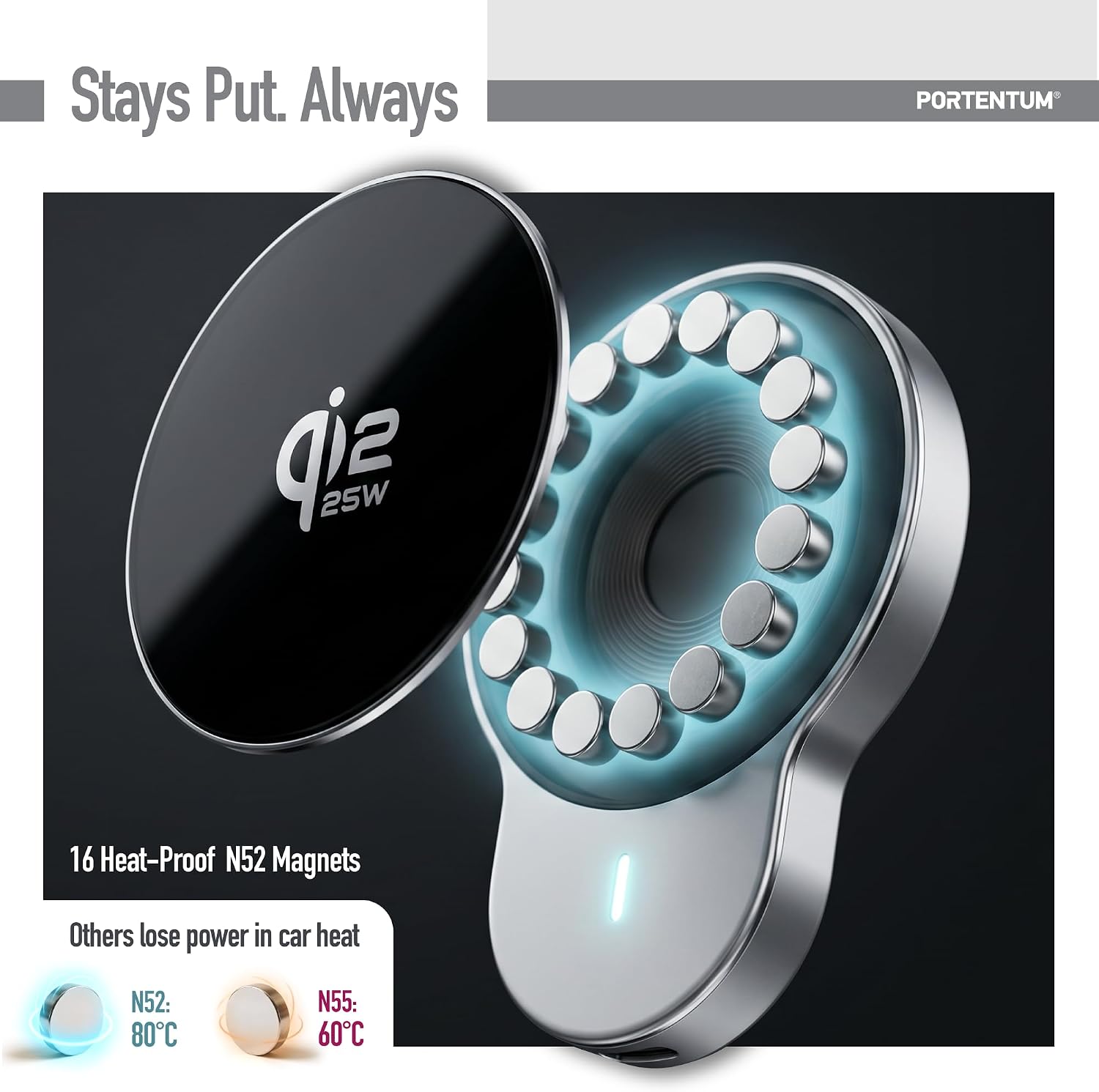 Thumbnail 4 de PORTENTUM Qi2.2 25W magnetic car phone holder with active cooling
