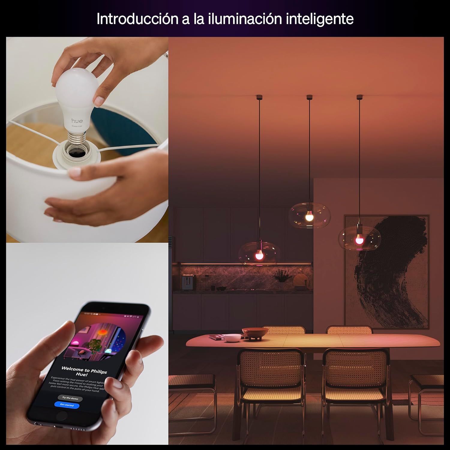 Thumbnail 1 de Philips Hue Essential - Bombilla Led Inteligente A60 Smart (4), luz blanca y colores, luminaria led E27 Base, 8 W, 2200 K-6500 K, 806 lm, regulable, compatible con Alexa, Google Assistant y Apple Home