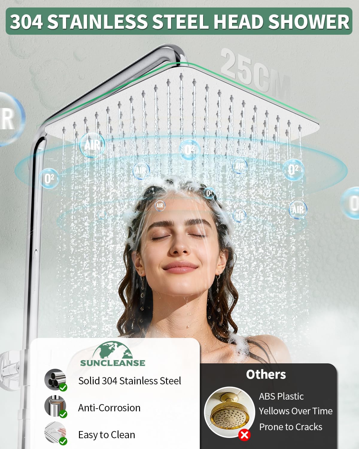 Thumbnail 2 de SunCleanse Shower Riser Rail Kit with 25cm Square Overhead Rainfall Head and Brass Diverter (Chrome)