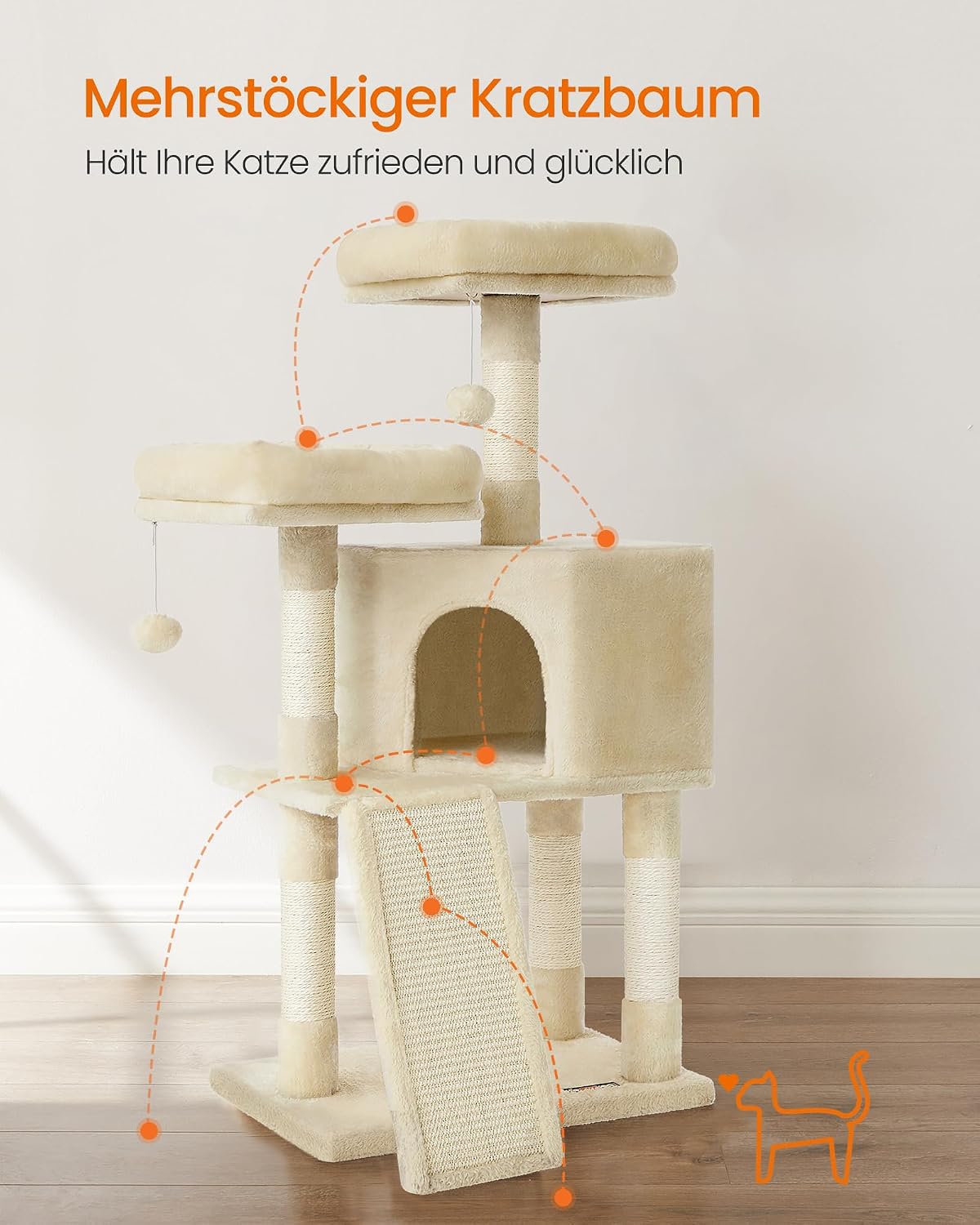 Detalle de Feandrea kleiner Kratzbaum mit Kratzbrett, Plattformen und Sisal, 115 cm (PCT141M01) – für beengte Räume