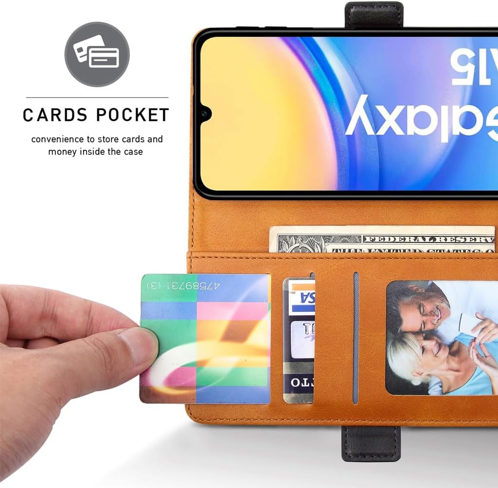 Detalle 2 de ROJIOJIO Leder-Bookcase Hülle für Samsung Galaxy A15 5G – Kartenfach, Standfunktion, Magnetverschluss, Schwarz