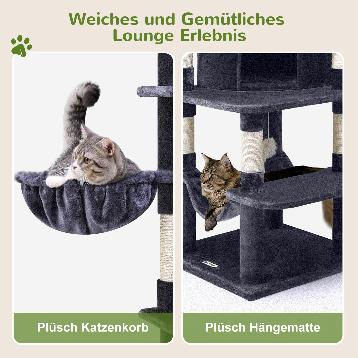 Detalle 2 de Globlazer Kratzbaum für Katzen als Eckkratzbaum (167 cm) mit 2 Katzenhäusern, Hängematte & gepolsterter Plattform, Dunkelgrau