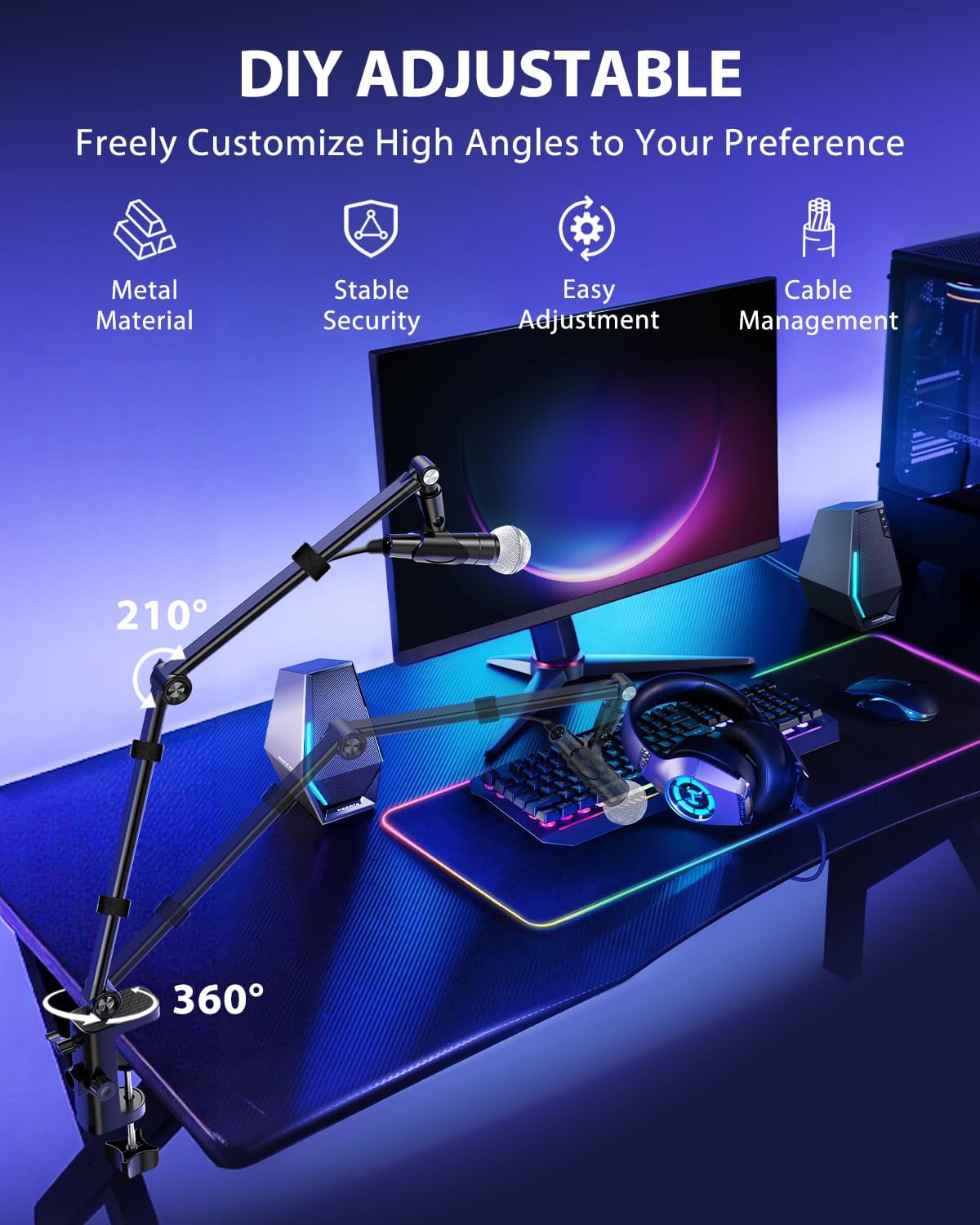 Detalle 1 de UBeesize UB-MKFXJBK Microphone Boom Arm, 360° Desk Mount, Aluminum Alloy