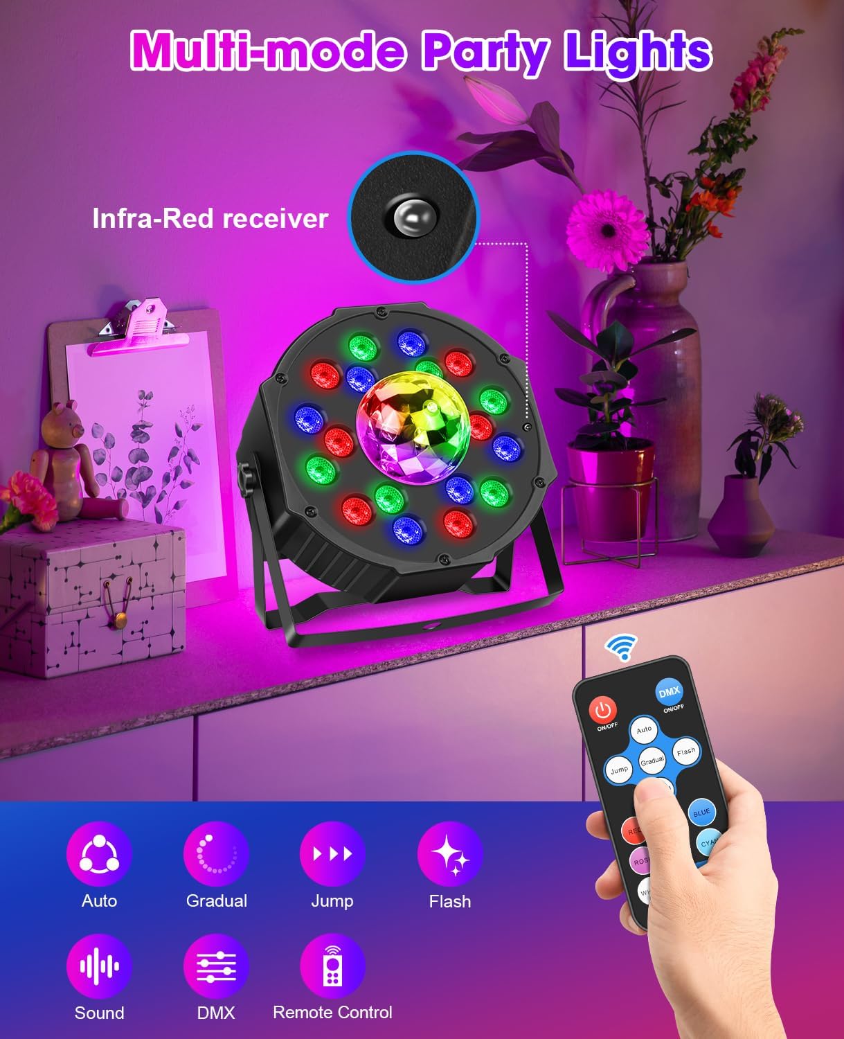 Detalle 2 de Outerman Par light 2-in-1 Party Lights, 18 LEDs, 7 Effects, Sound-Activated