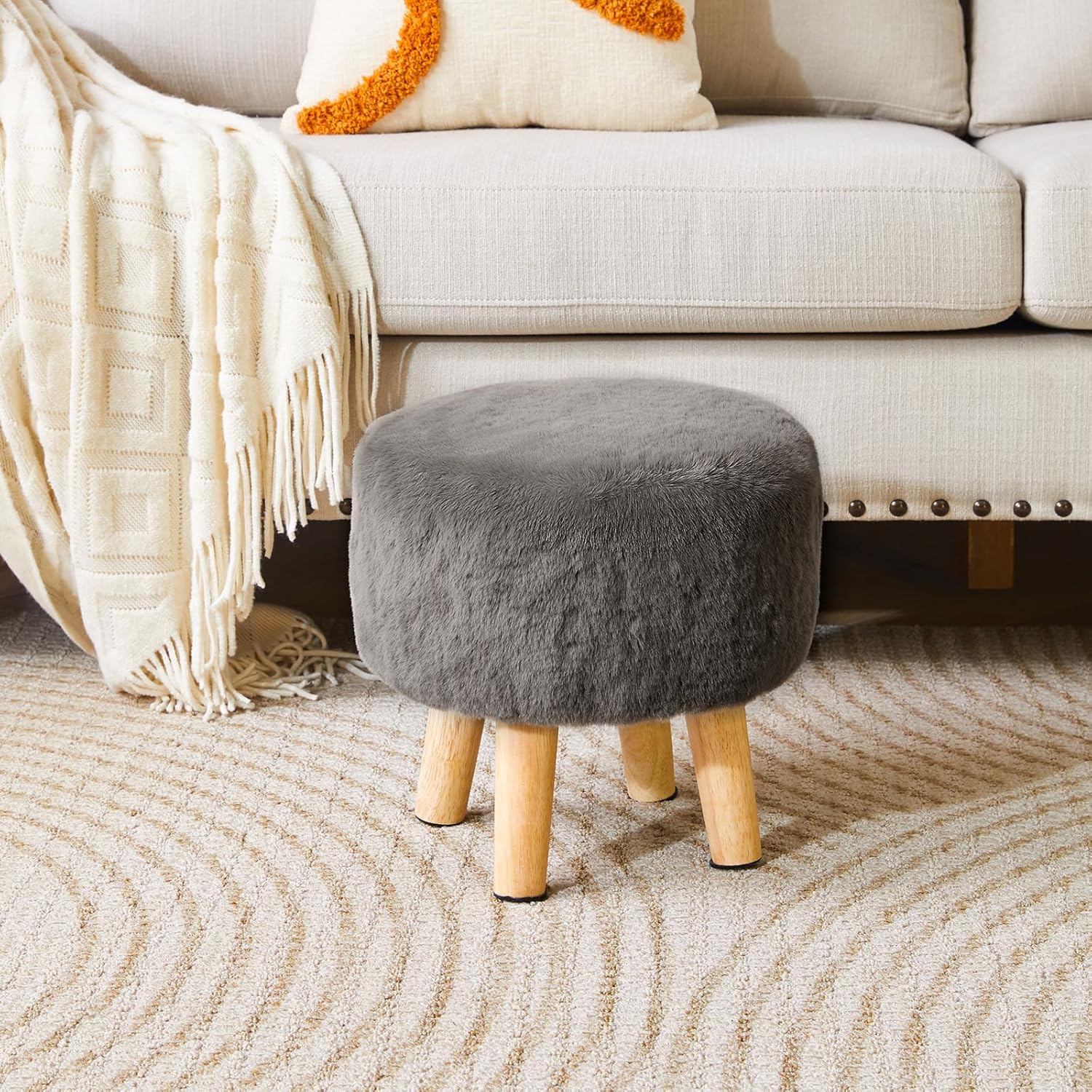 Detalle de YMYNY Rotondo Sgabello Ottomano Poggiapiedi Grigio scuro 32×32×32CM, gambe in legno antiscivolo
