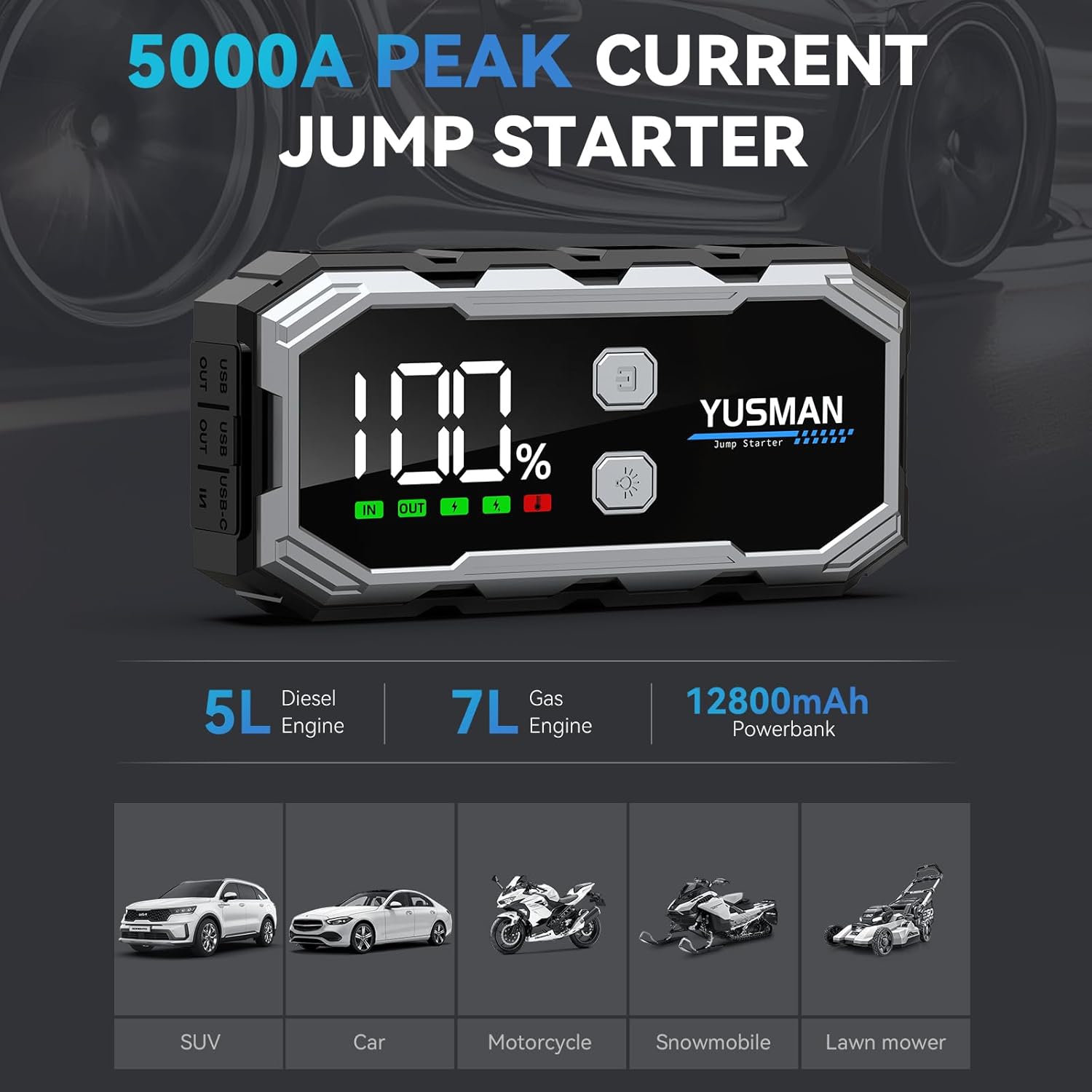 Thumbnail 1 de YUSMAN Jump Starter Power Pack 12V, 5000A Portable Battery Booster (Gas 7.0L / Diesel 5.0L) with Smart Cables & 3-Mode Lights