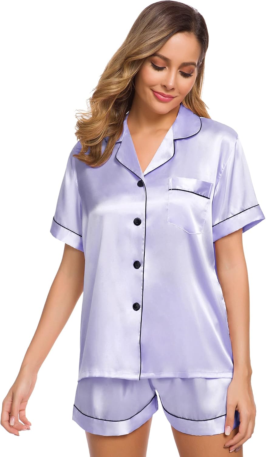 Detalle 2 de SWOMOG women’s silk satin pyjamas set with button-down shirt and elastic waist trousers