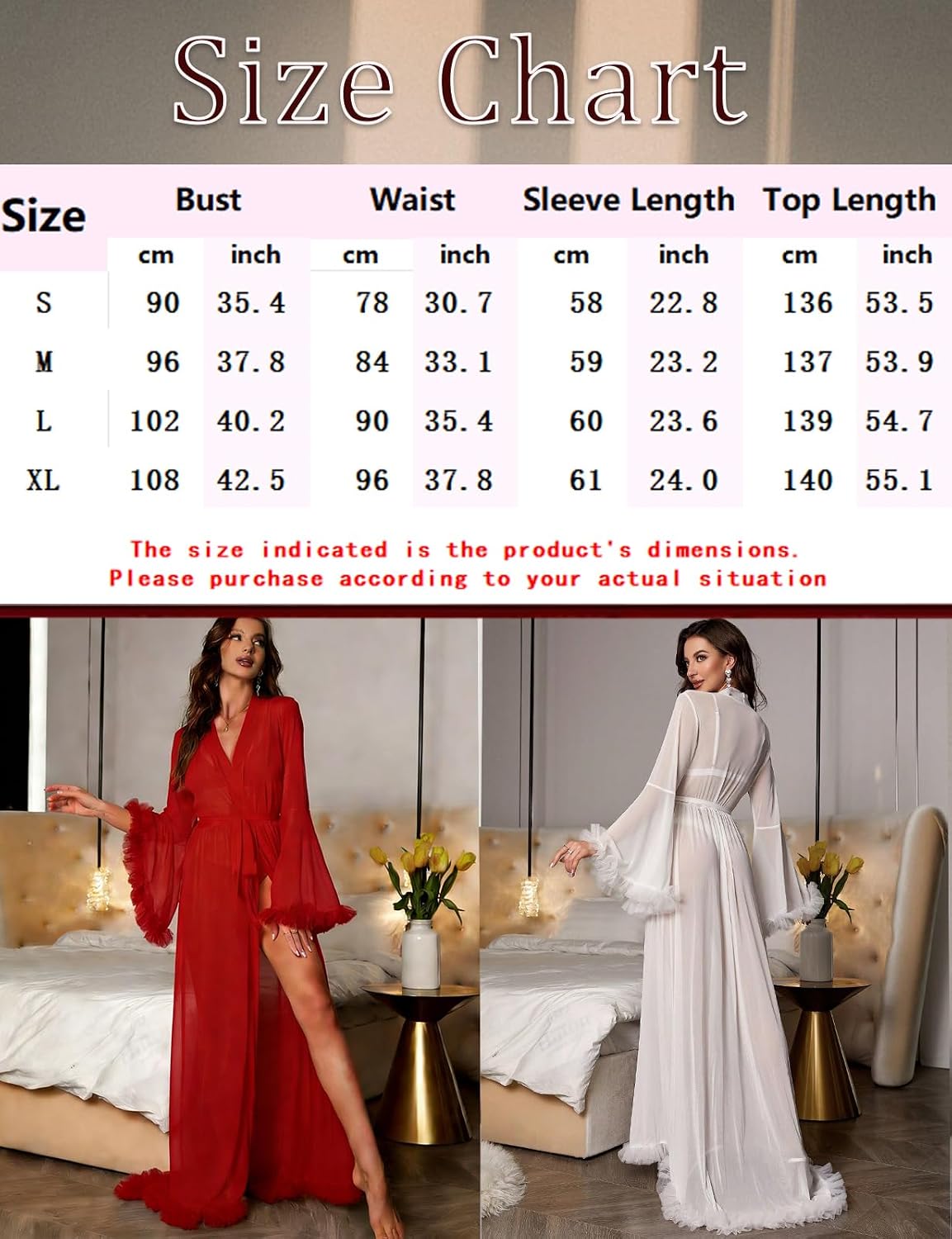 Detalle de Awinclo Womens Ruffle Trim Long Sleeve Belted Sheer Mesh Wedding Bride Robe Nightgown