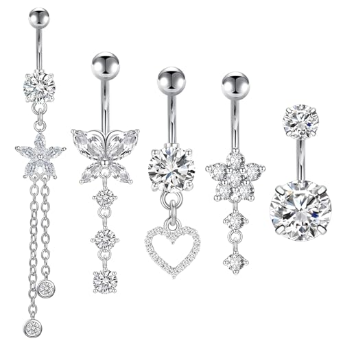 Kunaxku 5 PCS Piercing Ombelico G23 Titanio - Anelli CZ 5/8/10mm in Argento e Acciaio Inox