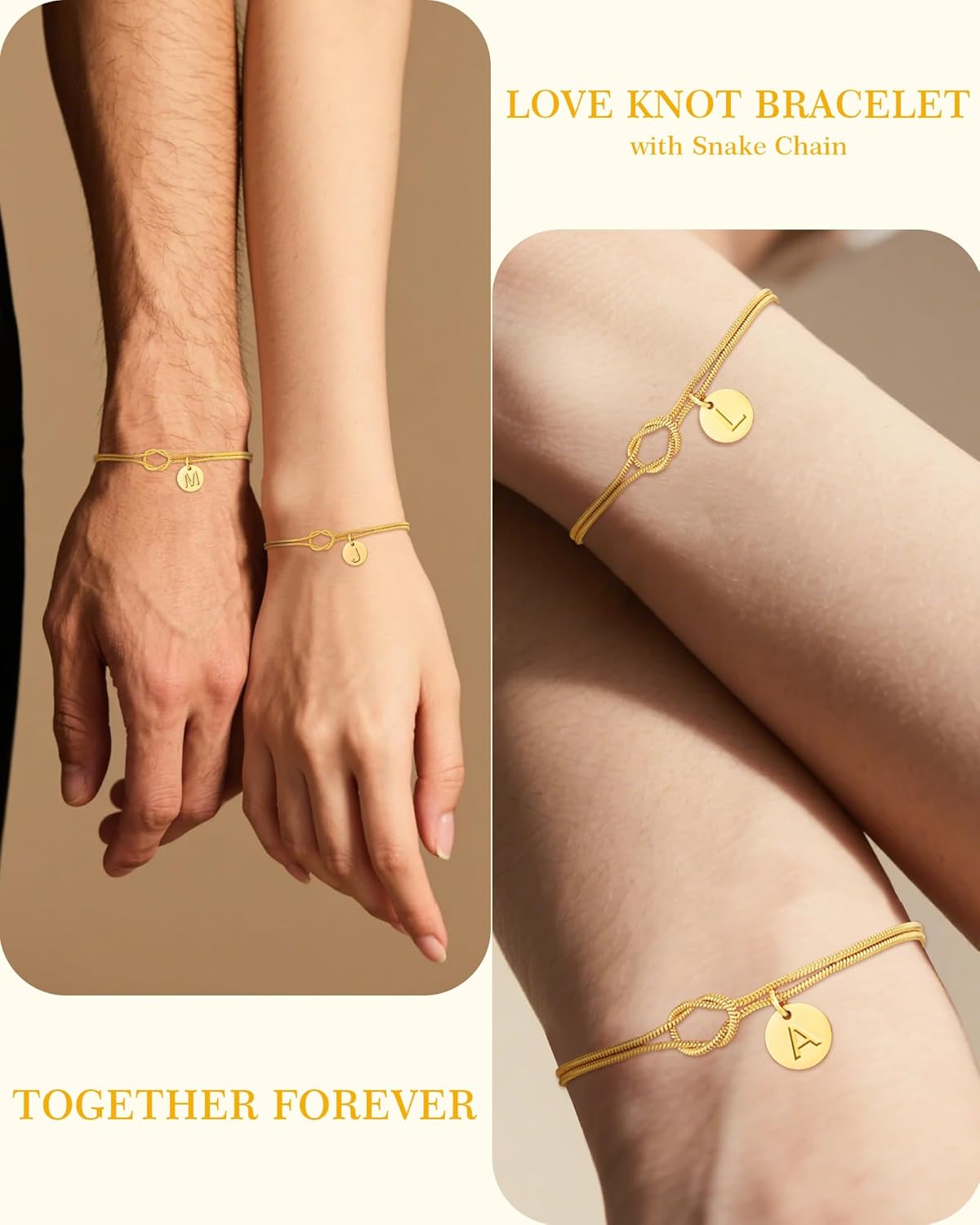 Thumbnail 5 de TOLOWOBK gold initial bracelet with infinity love knot design (18K gold plated 316L stainless steel)