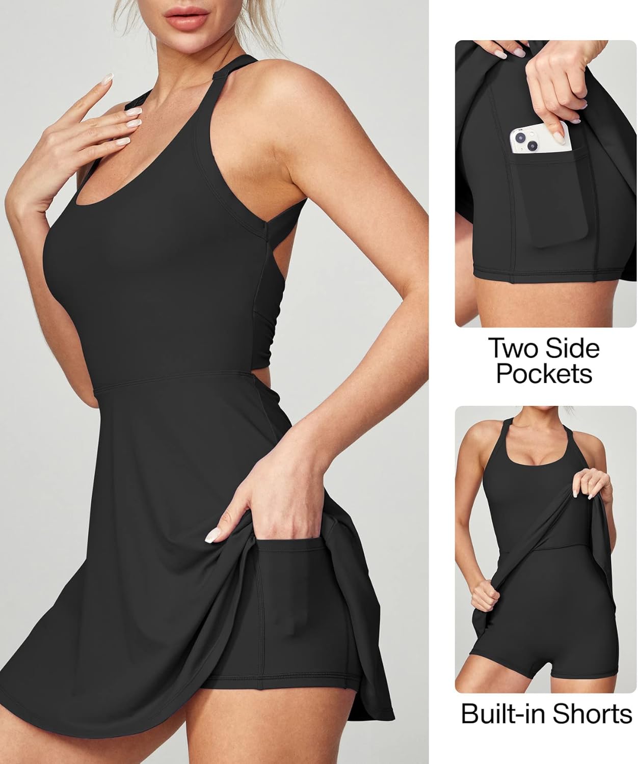 Detalle de Heathyoga Tennis Dress with Built-in Shorts and Bra — All-in-One Athletic Dress for Women