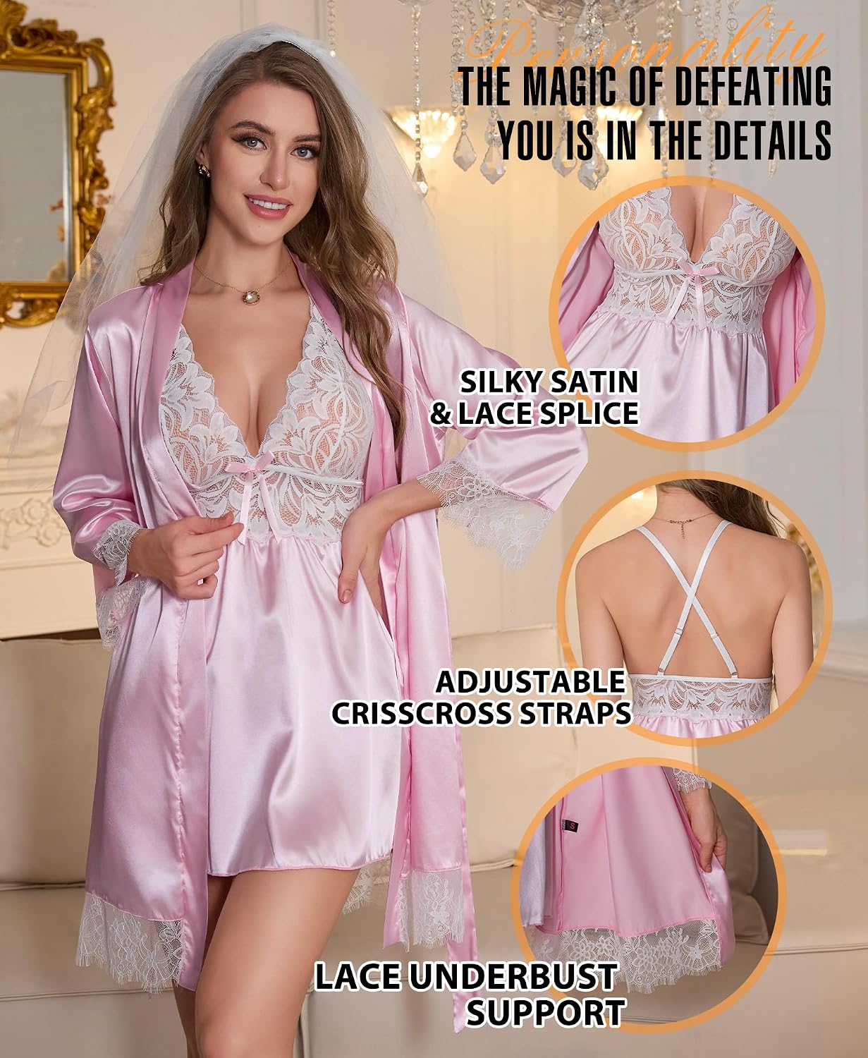Detalle de RSLOVE satijnen lingerieset met kanten babydoll en bijpassende ochtendjas