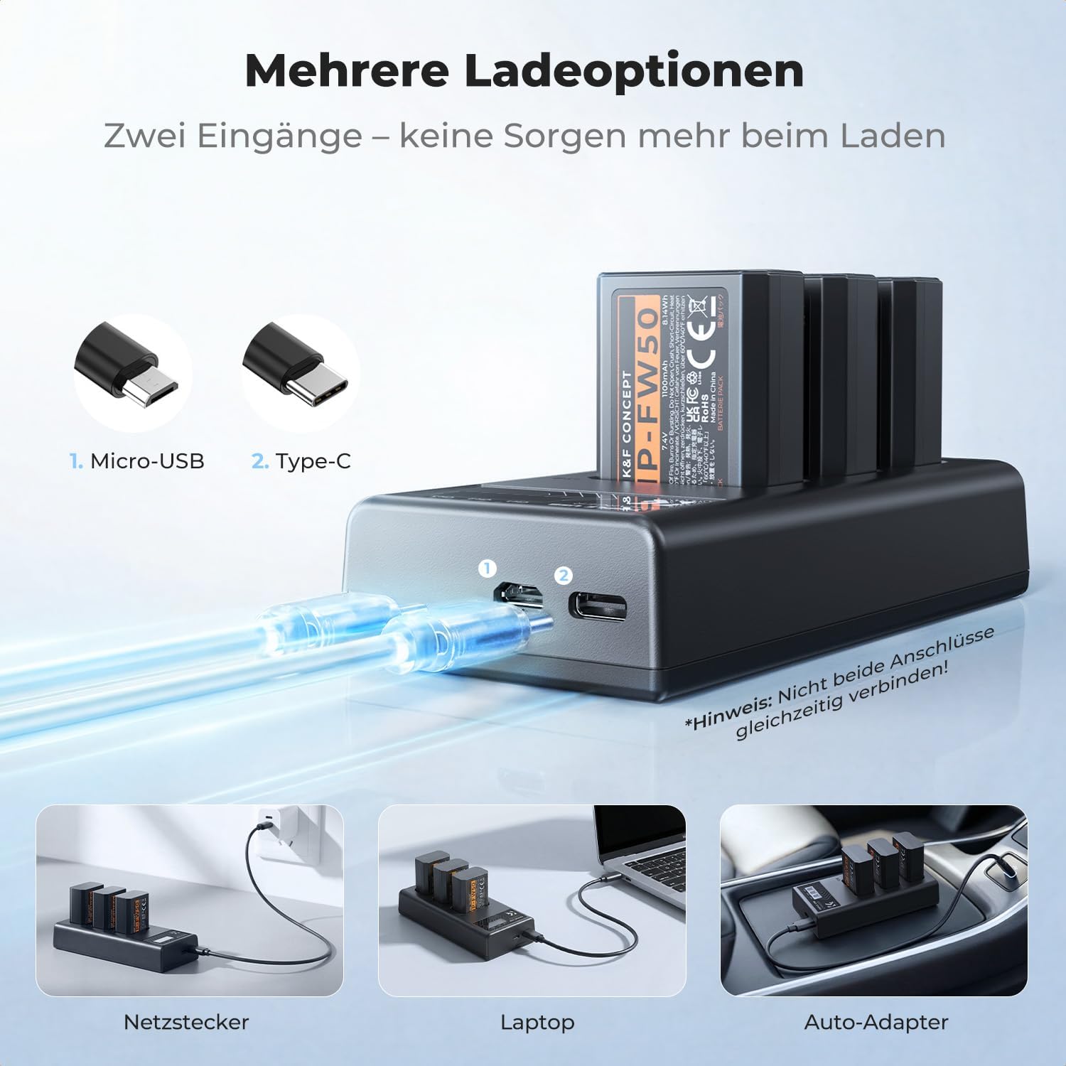Detalle 2 de K&F CONCEPT NP-FW50 1100 mAh Akku-Set (3er-Pack) + 3-Slot-Dreifach-Ladegerät mit LCD für Sony-Kameras