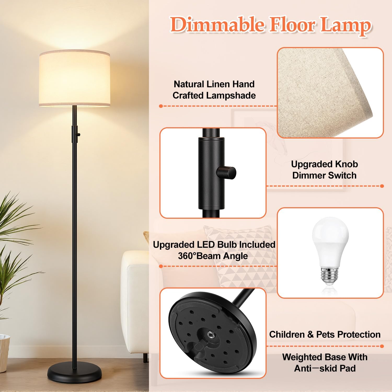 Detalle 2 de Dimmable Floor Lamp with Linen Shade