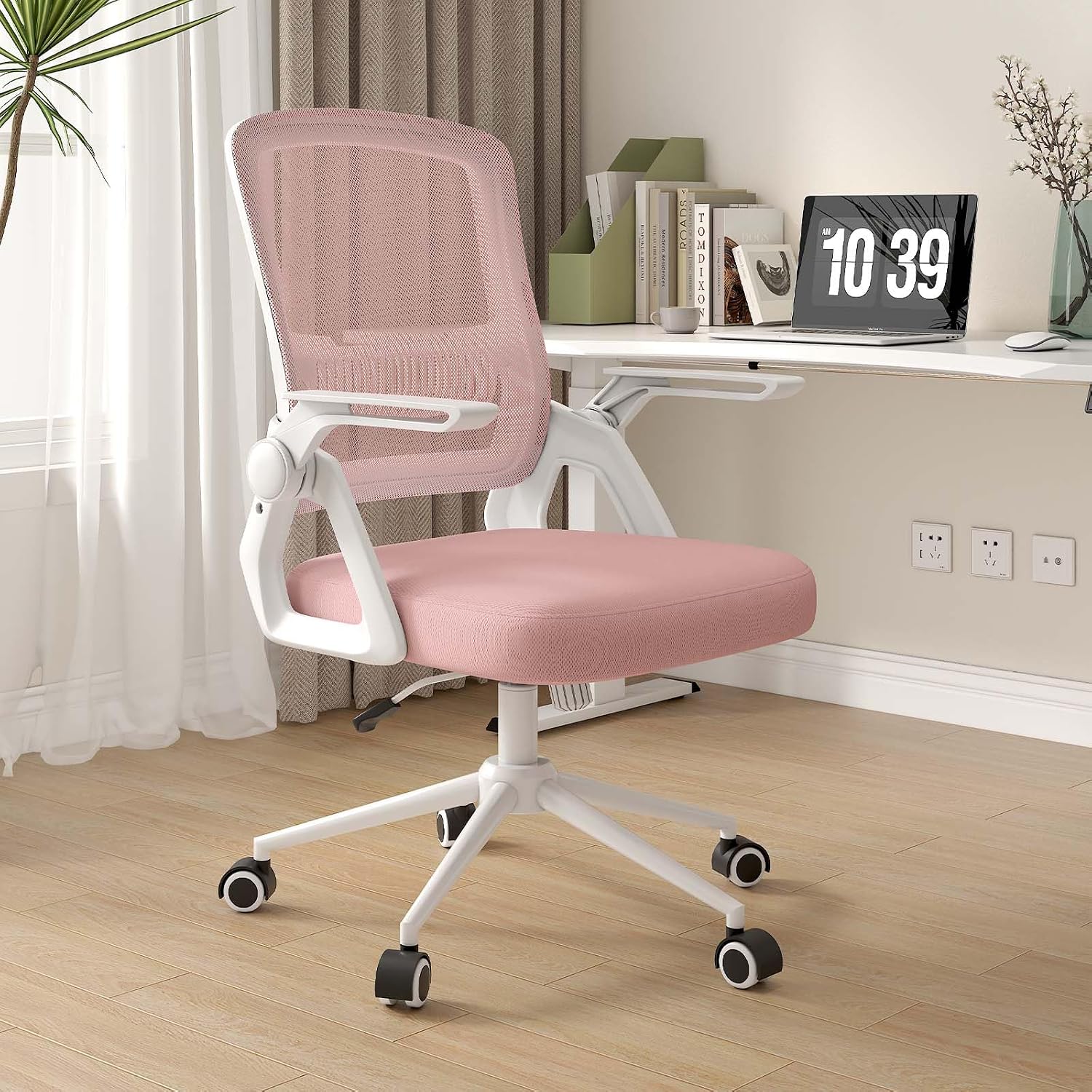 Detalle de nas paluro Bürostuhl Ergonomisch mit Hochklappbaren Armlehnen Rosa – Netzrücken, Lordosenstütze und verstellbare Höhe