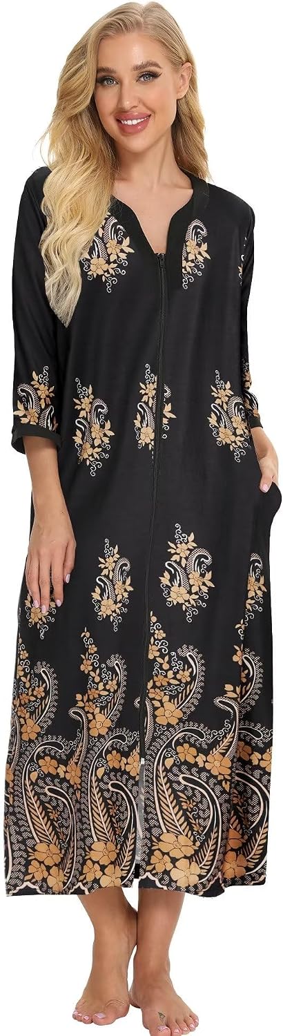 Detalle de Bloggerlove Women’s Zip-Up House Dress Robe in Soft Cotton Blend (Leopard Print)