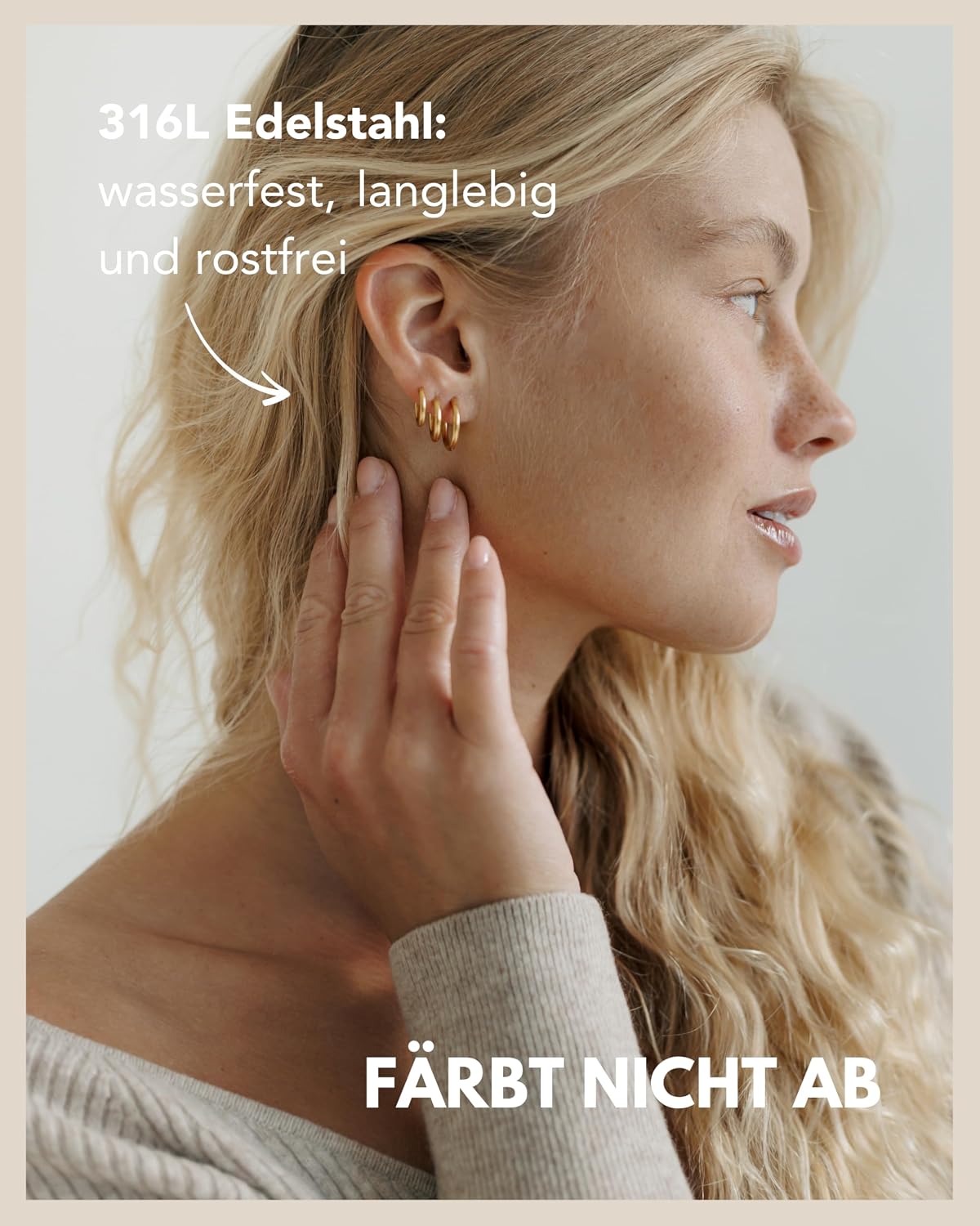 Detalle de Creolen Edelstahl Damen – 3 Paar kleine Kreolen 12/14/16 mm | Chirurgenstahl 18K Gold, Roségold oder Silber