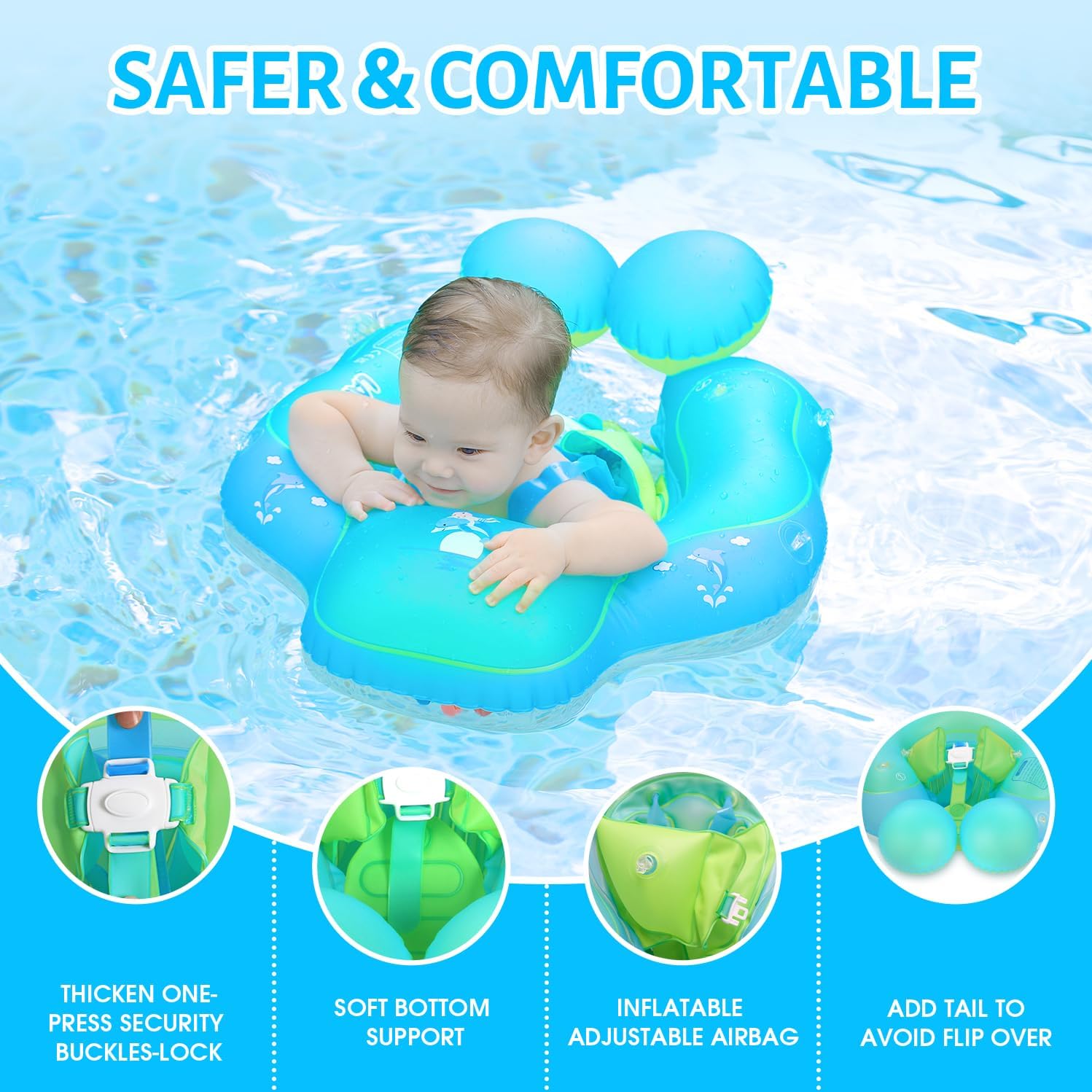 Detalle de Upgraded No Flip Over Baby Pool Float with Sun Canopy (Blue, 6-36 Months, UPF50+)
