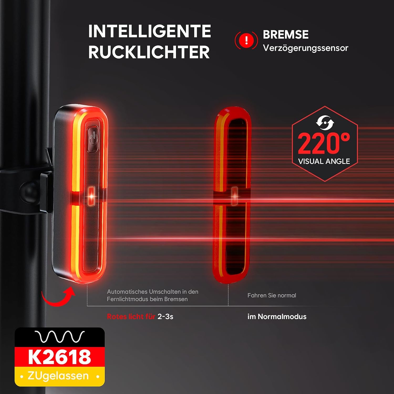 Detalle de Fahrradlicht Set 100 LUX mit Bremsfernlichtfunktion – STVZO-zugelassen, IPX5, 3200 mAh Akku