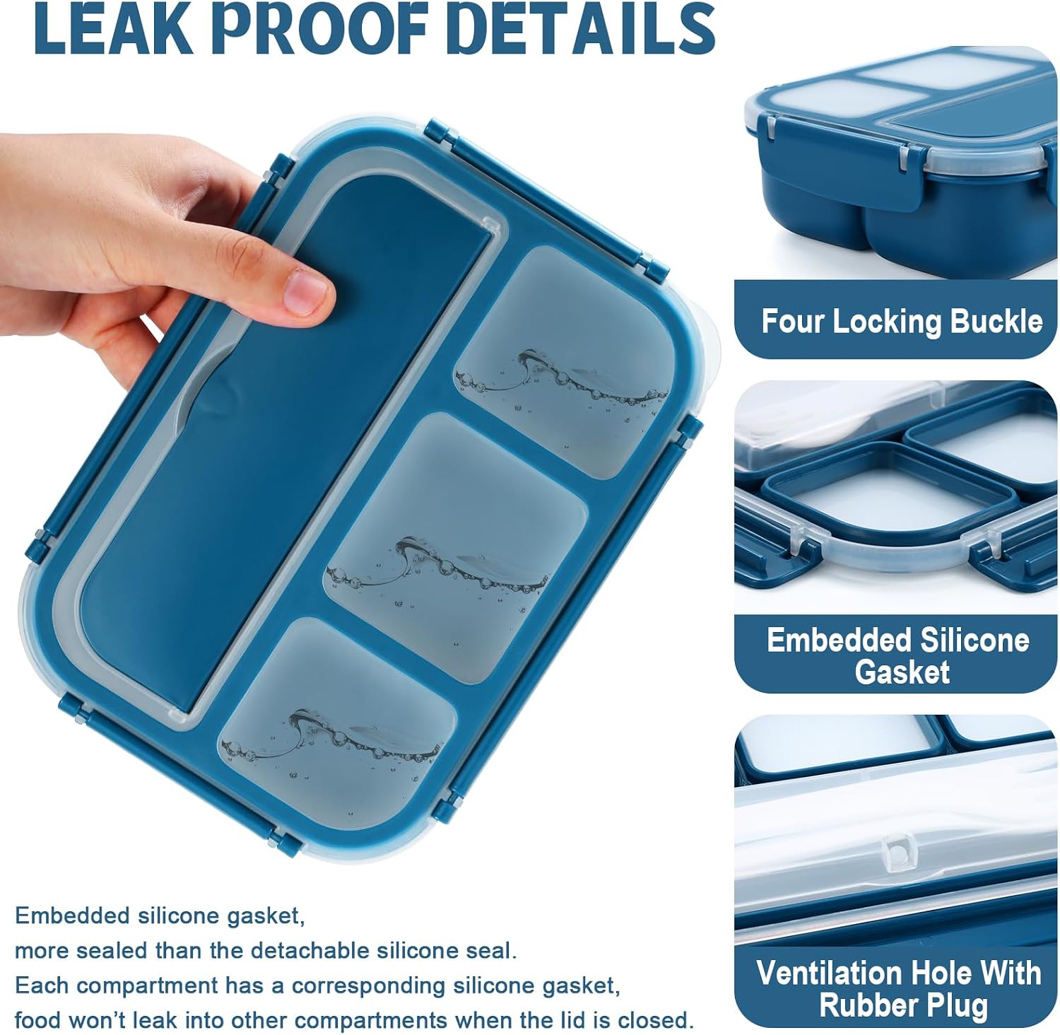 Thumbnail 3 de Shell and Turtle Bento Box Adult Lunch Box: 4-Compartment, Navy, Microwave Safe