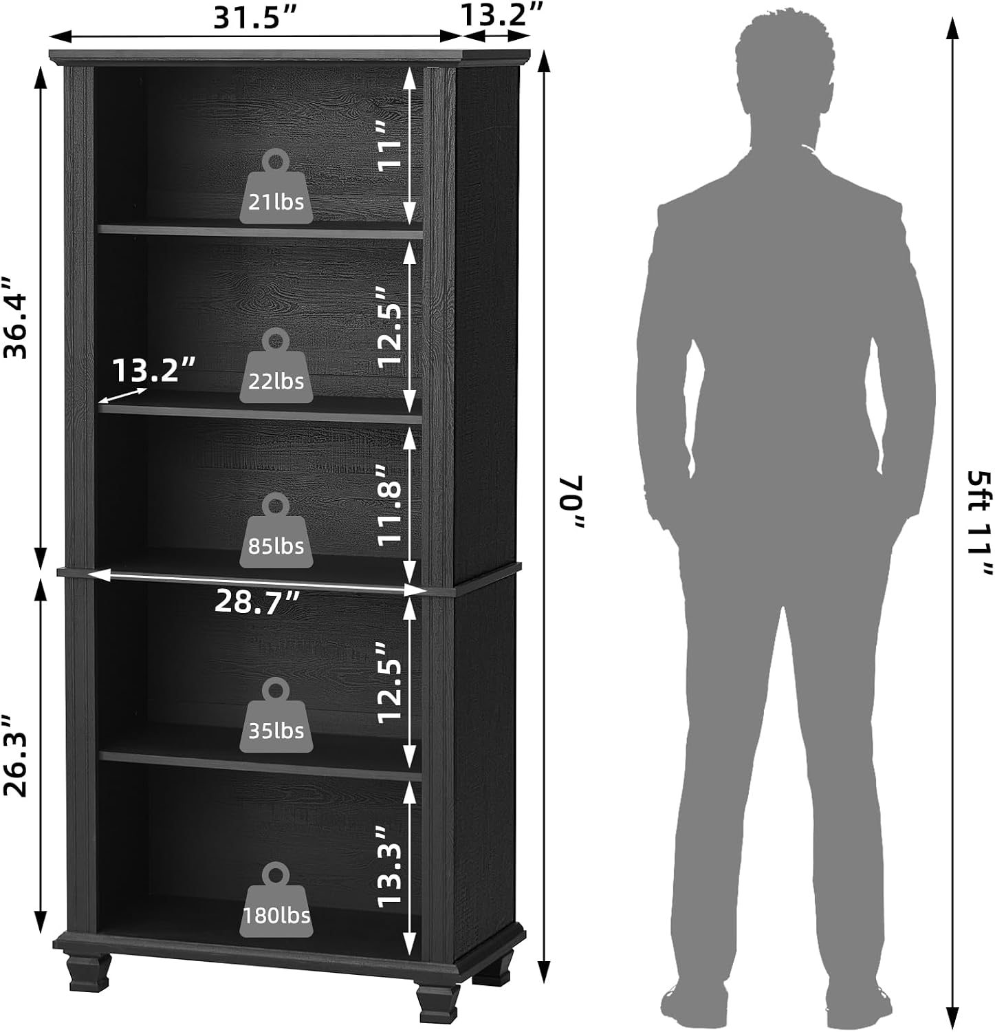 Detalle de SAVOR LIFE black tall bookshelf, 5-Tier Black Bookcase with Adjustable Shelves