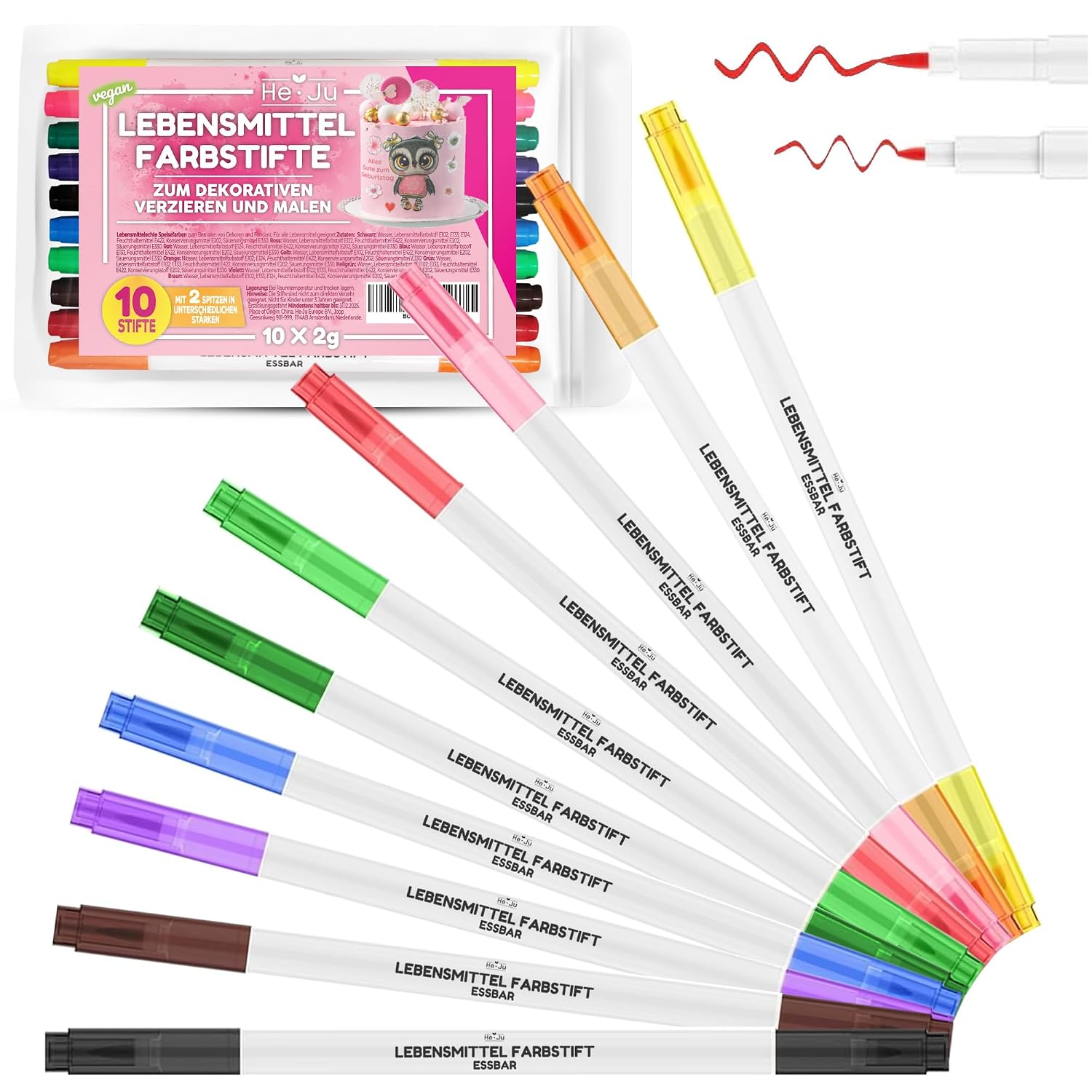 He-Ju Lebensmittelstifte essbar 10er Set (vegan, glutenfrei, ohne E171) in 10 Regenbogenfarben
