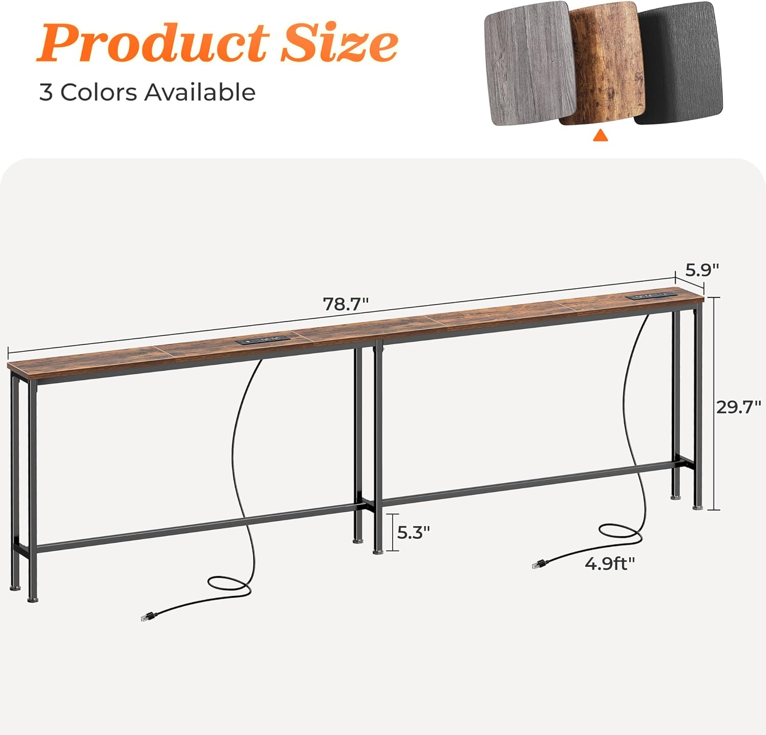 Detalle de SUPERJARE 79 Inch Sofa Table with 2 Power Outlets, USB-C Ports & Narrow Storage Console (Rustic Brown)