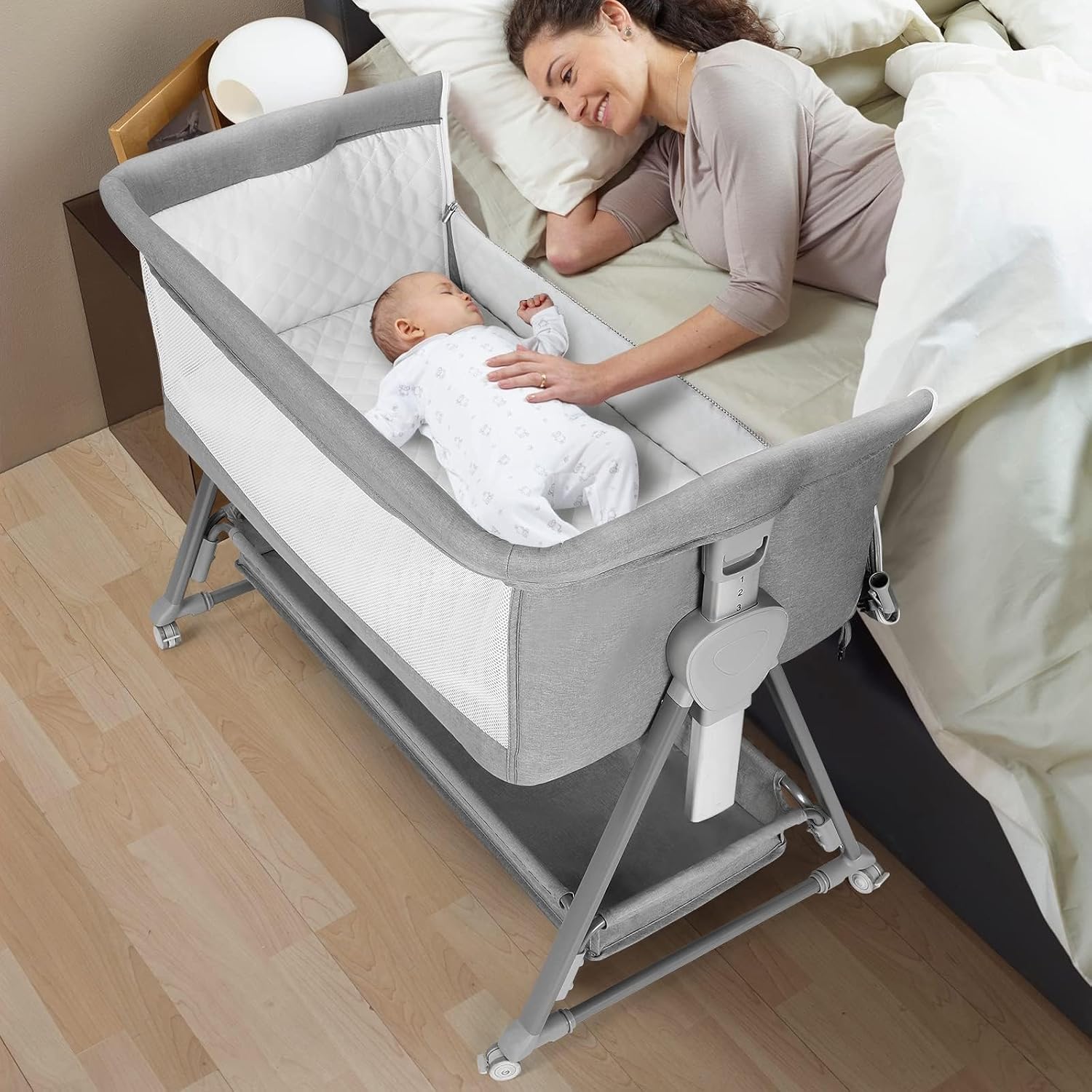 Detalle de Cowiewie P-800L Bedside Bassinet with 7 Height Settings, Mesh Sides and Storage