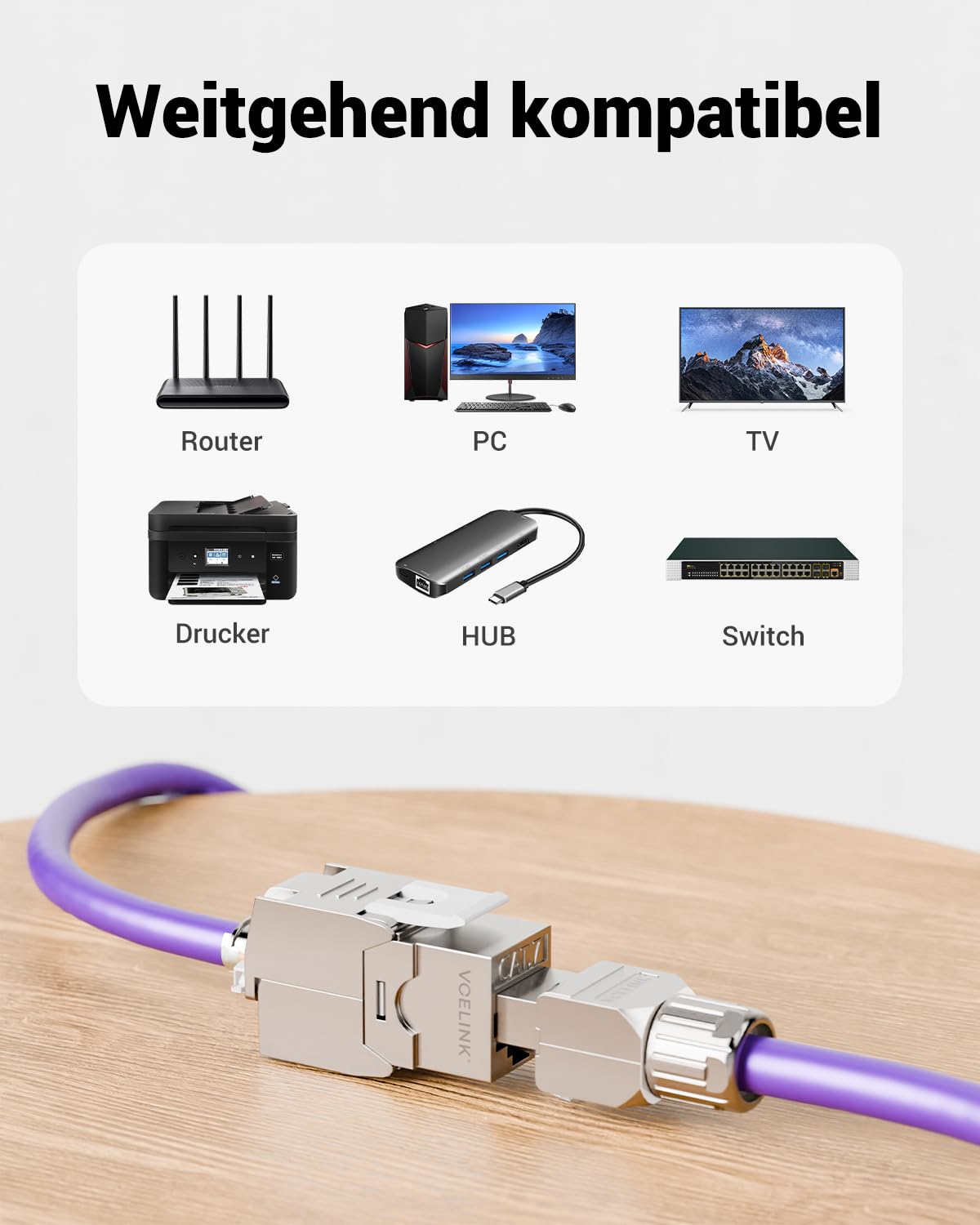 Detalle 2 de VCELINK 4x CAT7 Keystone RJ45 Modul Buchse – voll abgeschirmte RJ45 Keystone-Buchsen für Patchpanel und Netzwerkdose
