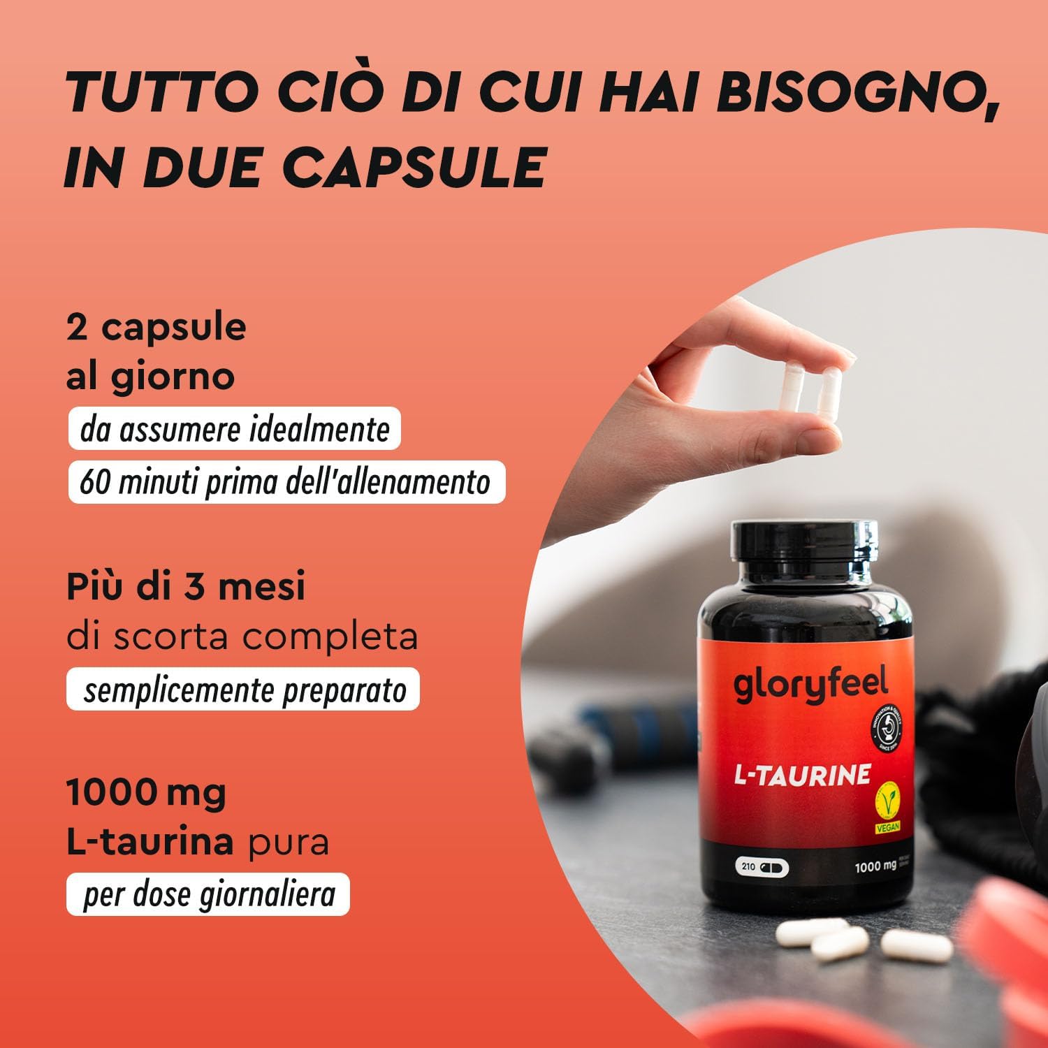 Detalle 2 de L-Taurina 1000 mg ad Alto Dosaggio – Scorta di 3 Mesi, Vegan e Senza Additivi