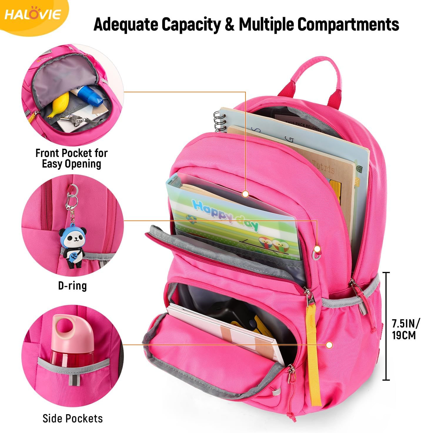 Detalle de HALOVIE Kinderrucksack Mädchen 12L – Wanderrucksack mit Brustgurt für 6–10 Jahre
